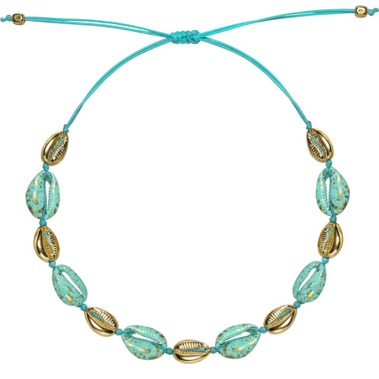 Turquoise shell bracelet with gold cowrie charms adjustable cord