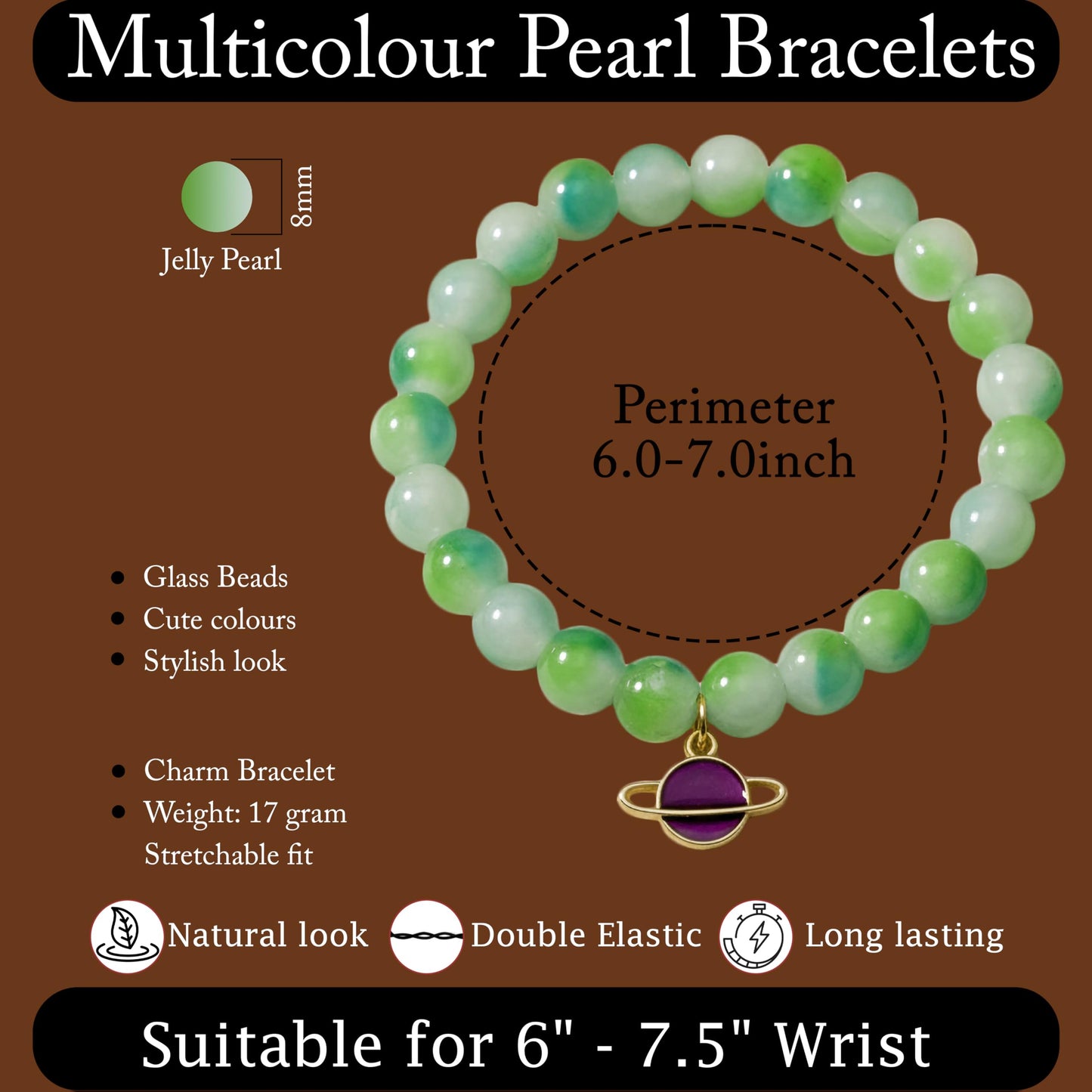 Gift a fun handmade-style bracelet with green beads, charms and easy elastic wear.