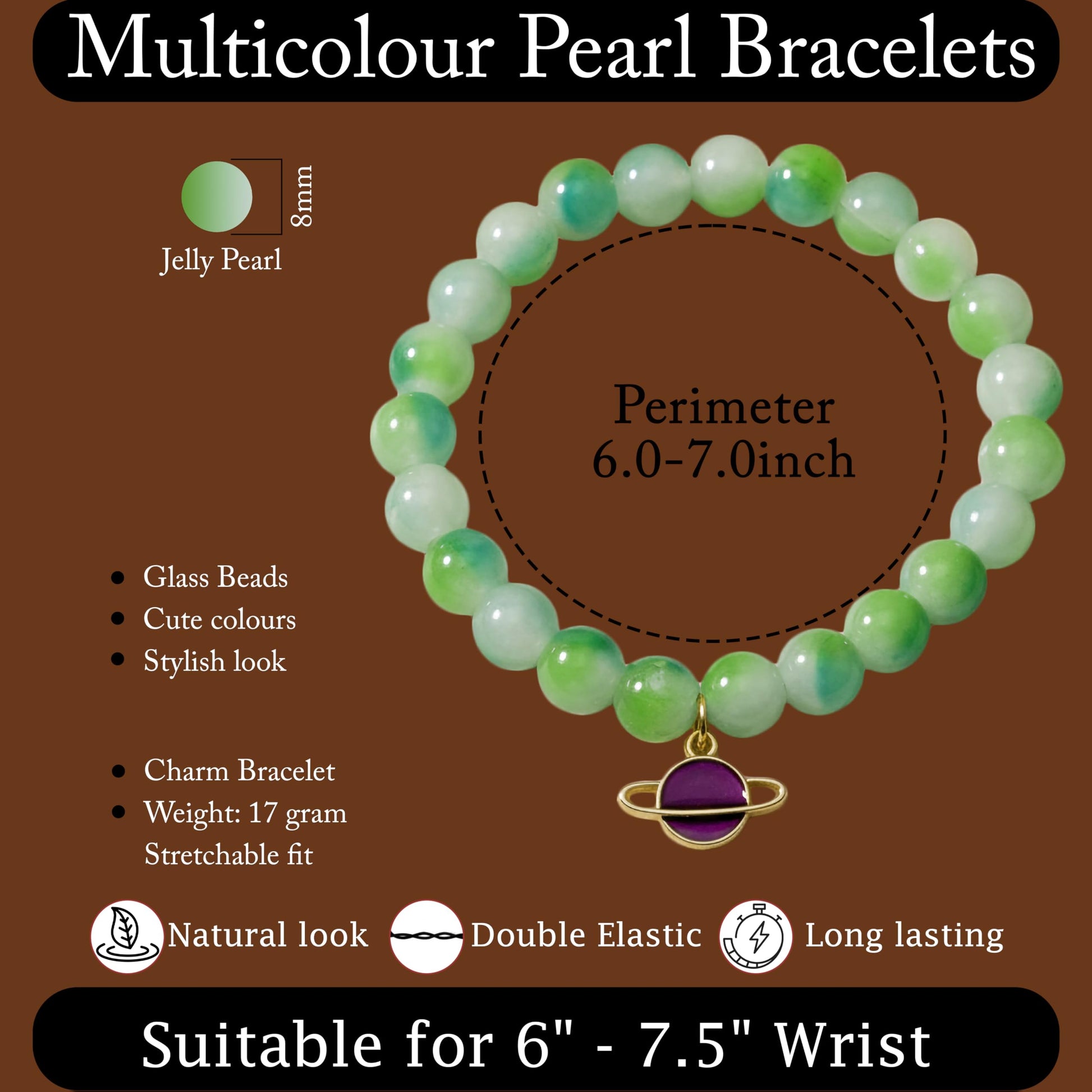 Gift a fun handmade-style bracelet with green beads, charms and easy elastic wear.