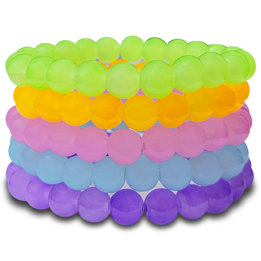 For neat results in party wear, multicolour glass and elastic bracelet is a useful detail.