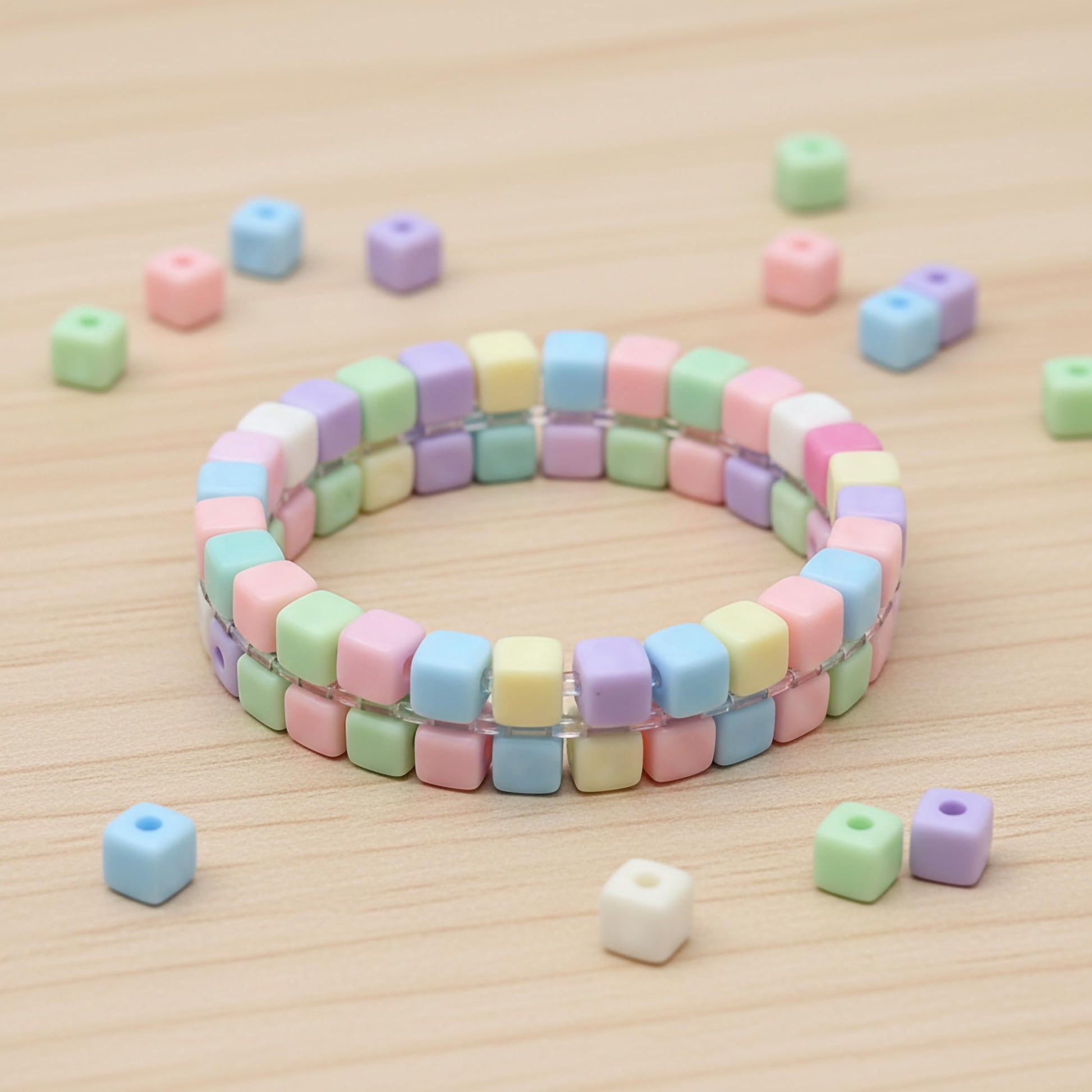 Create clean block-style accents for DIY bracelets using pastel cube beads.