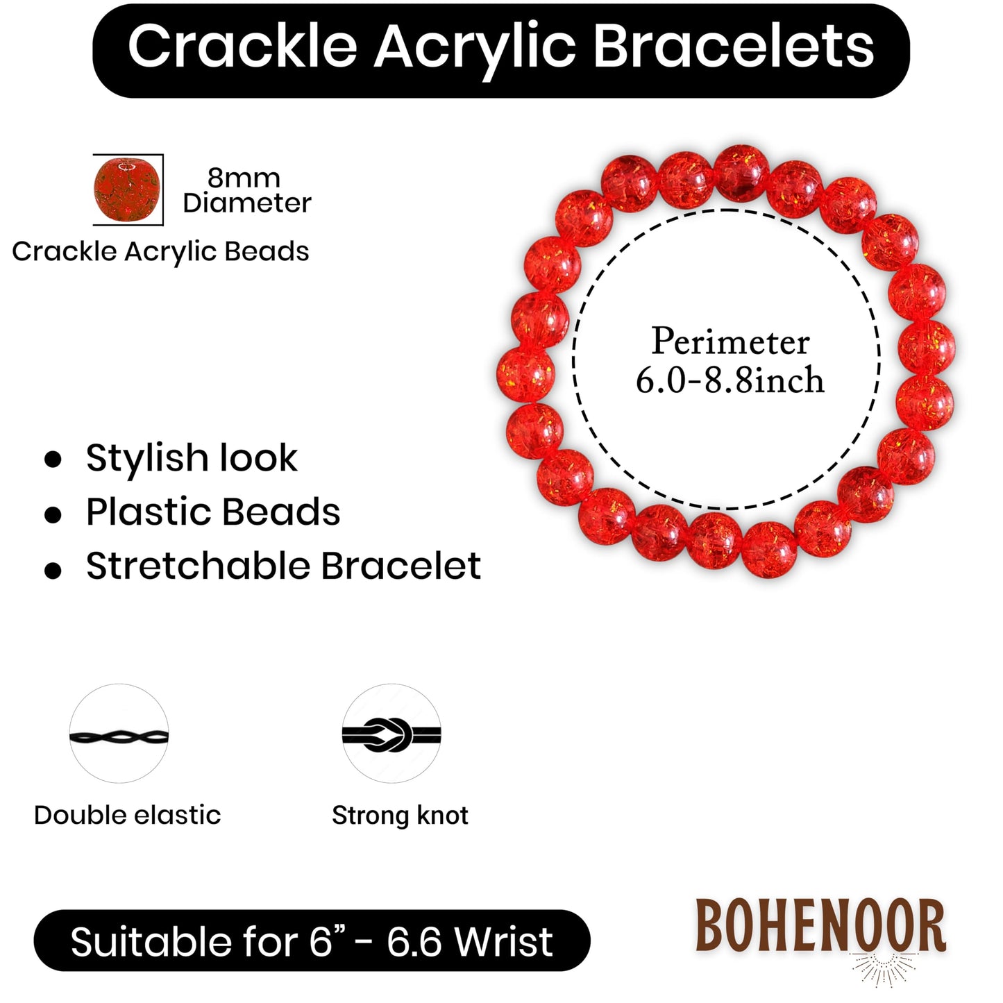 Multicolor Glass Crackle Beads Bracelets Set. Close-up image showing color, shape, finish, and texture details.