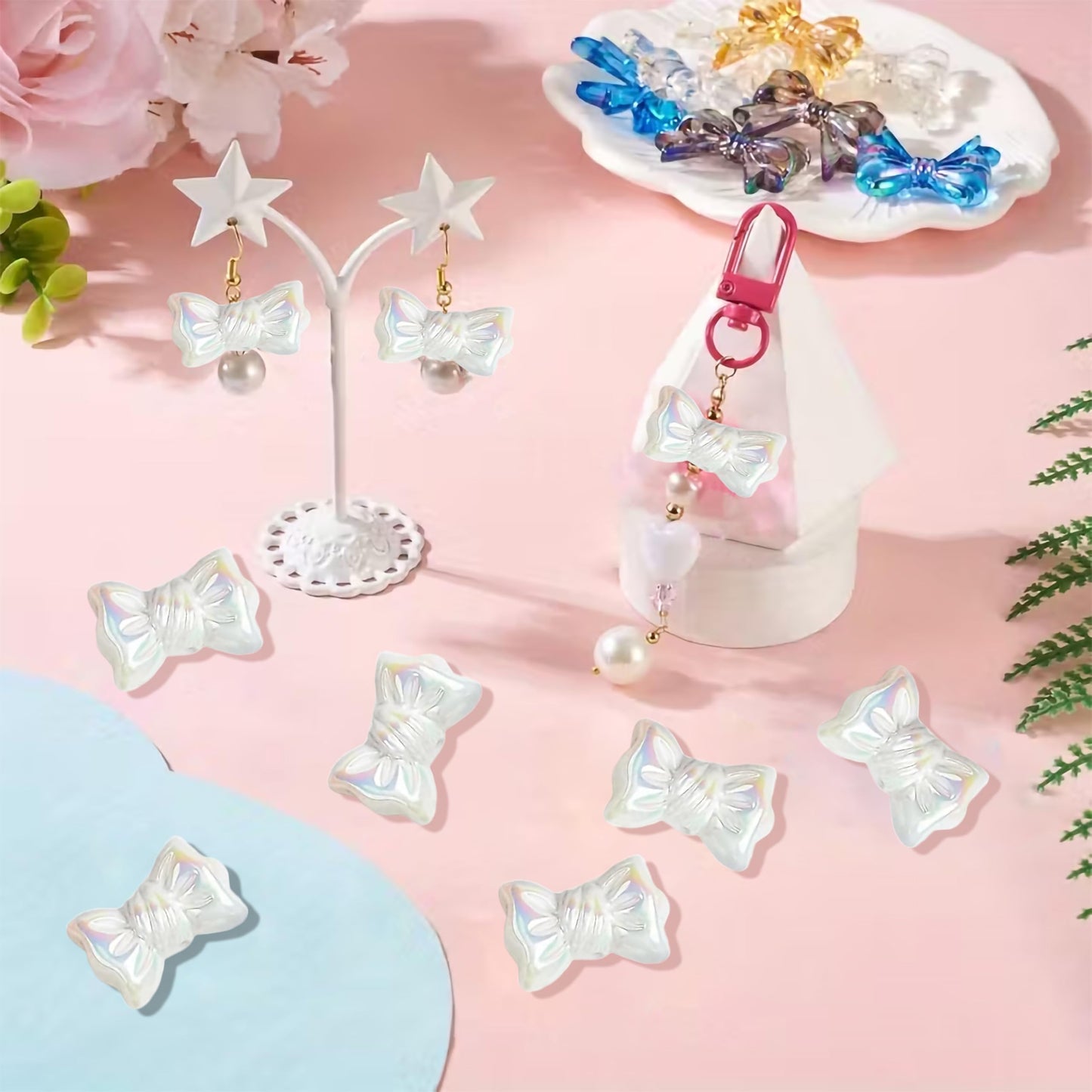 White DIY Phone Charm Making Kit with Beads and Charms. Assorted layout image showing beads organized for bracelet and DIY projects.