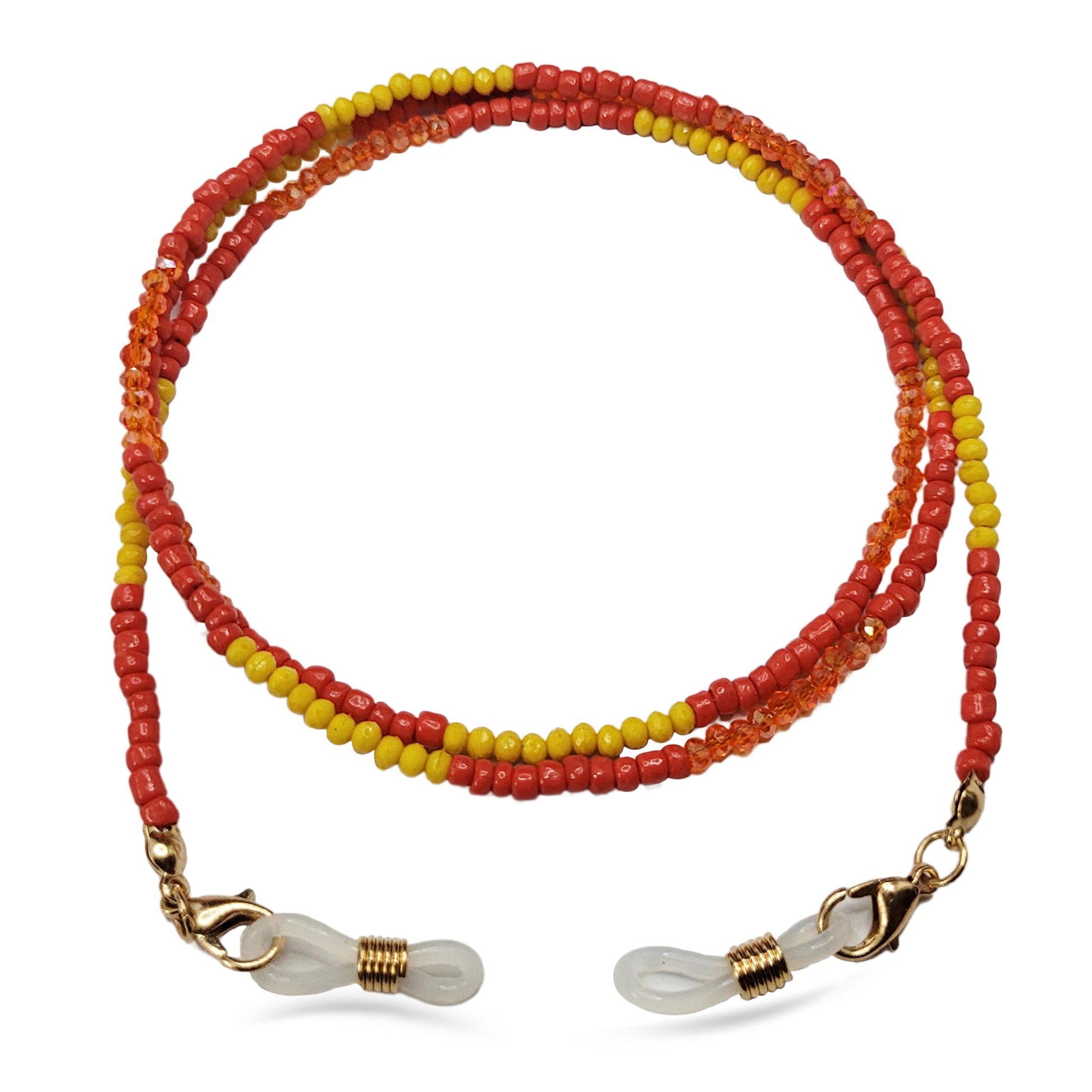 Red yellow glass eyewear strap keeps glasses and sunglasses, daily wear and travel use visually clean while adding clean decorative look.