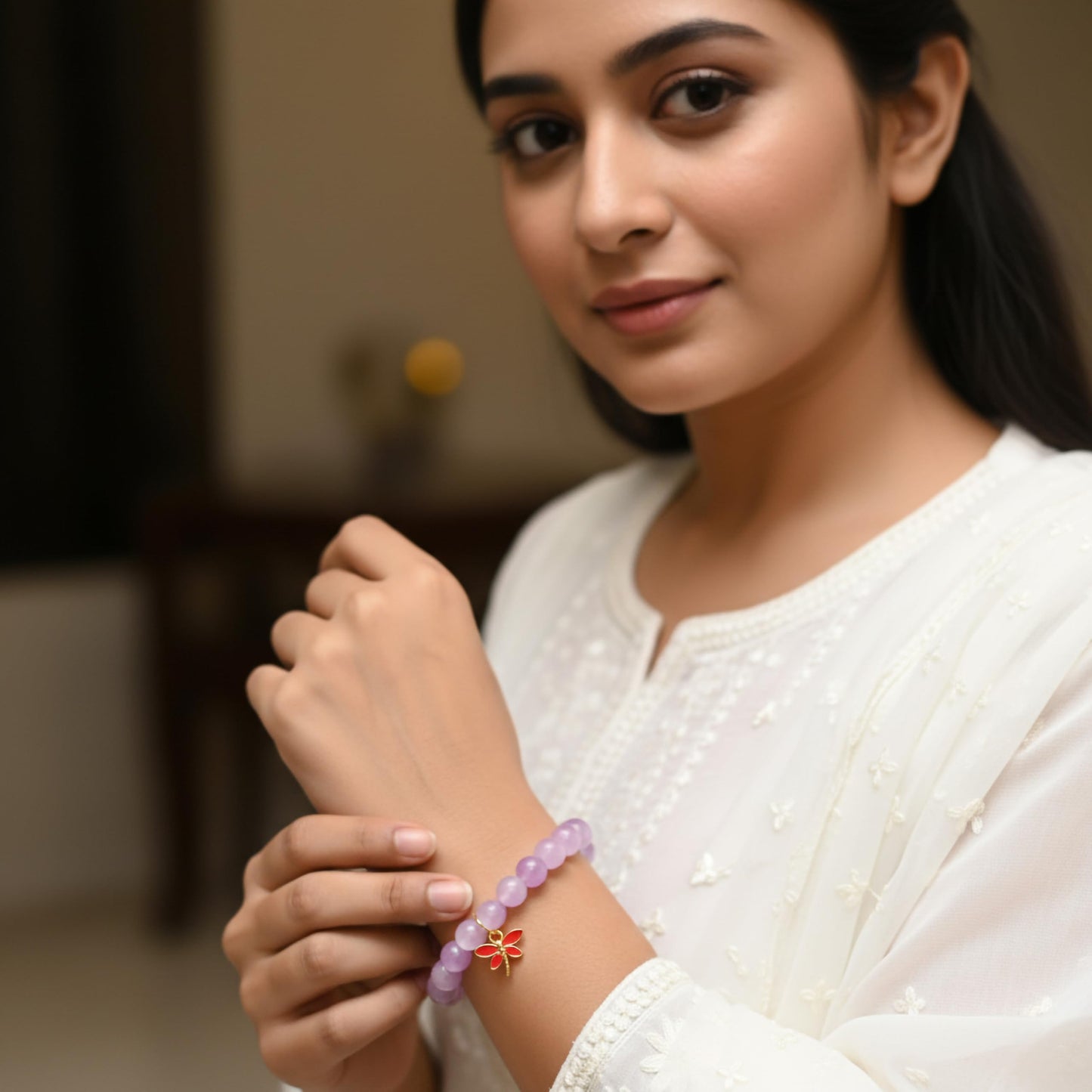 Make everyday styling brighter with a lavender beaded bracelet that feels playful and easy.