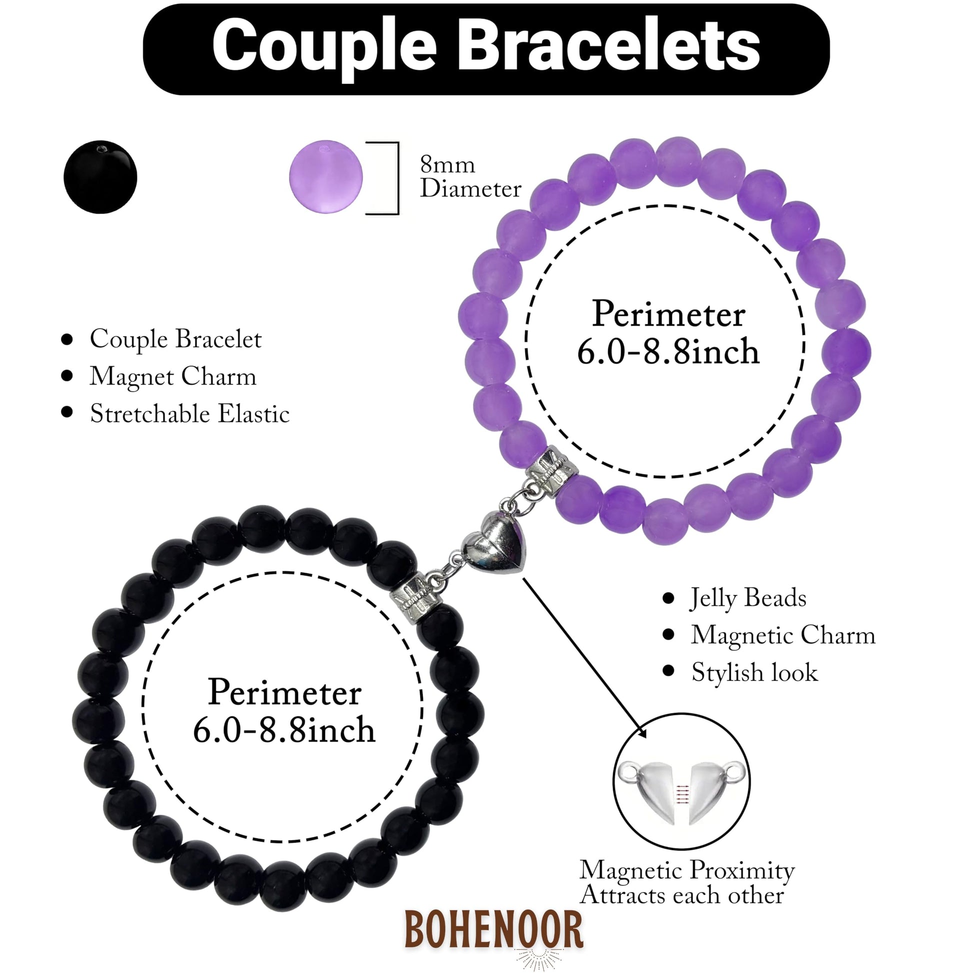 Gift a simple bonding accessory with black and purple 1-pair magnetic bracelets for shared wristwear.