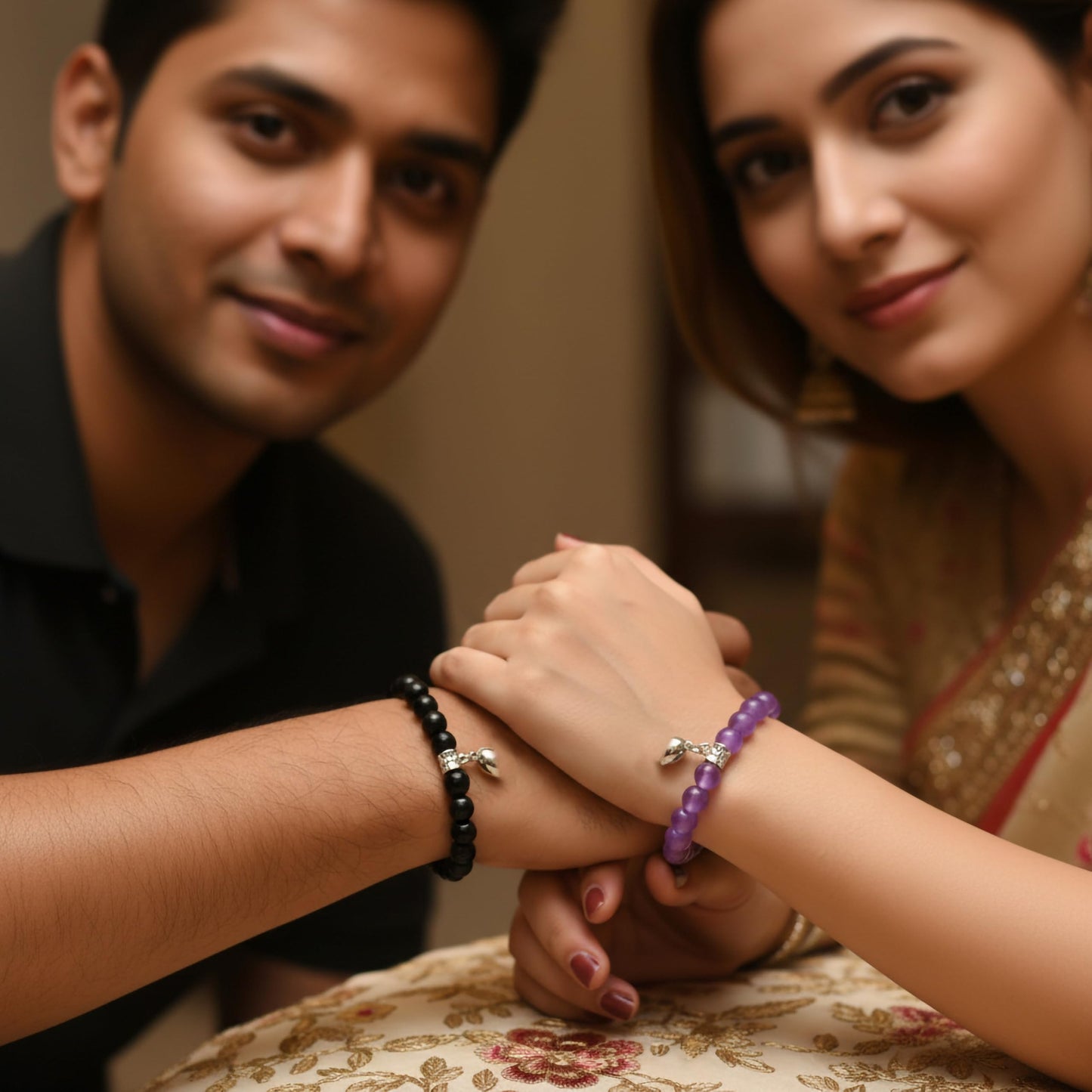Turn shared gifts into wearable memories with black and purple 1-pair bracelets featuring heart accents.