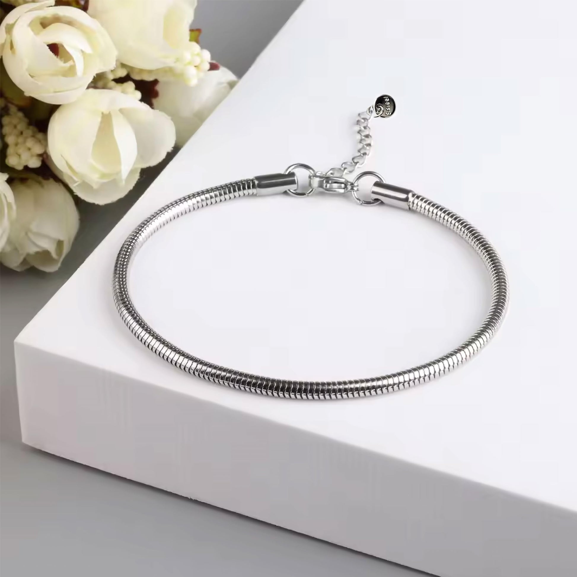 Silver Steel Snake Bracelet Making Cord Chain for Women and Girls Stainless Steel. Close-up image showing texture, polish, and design details.