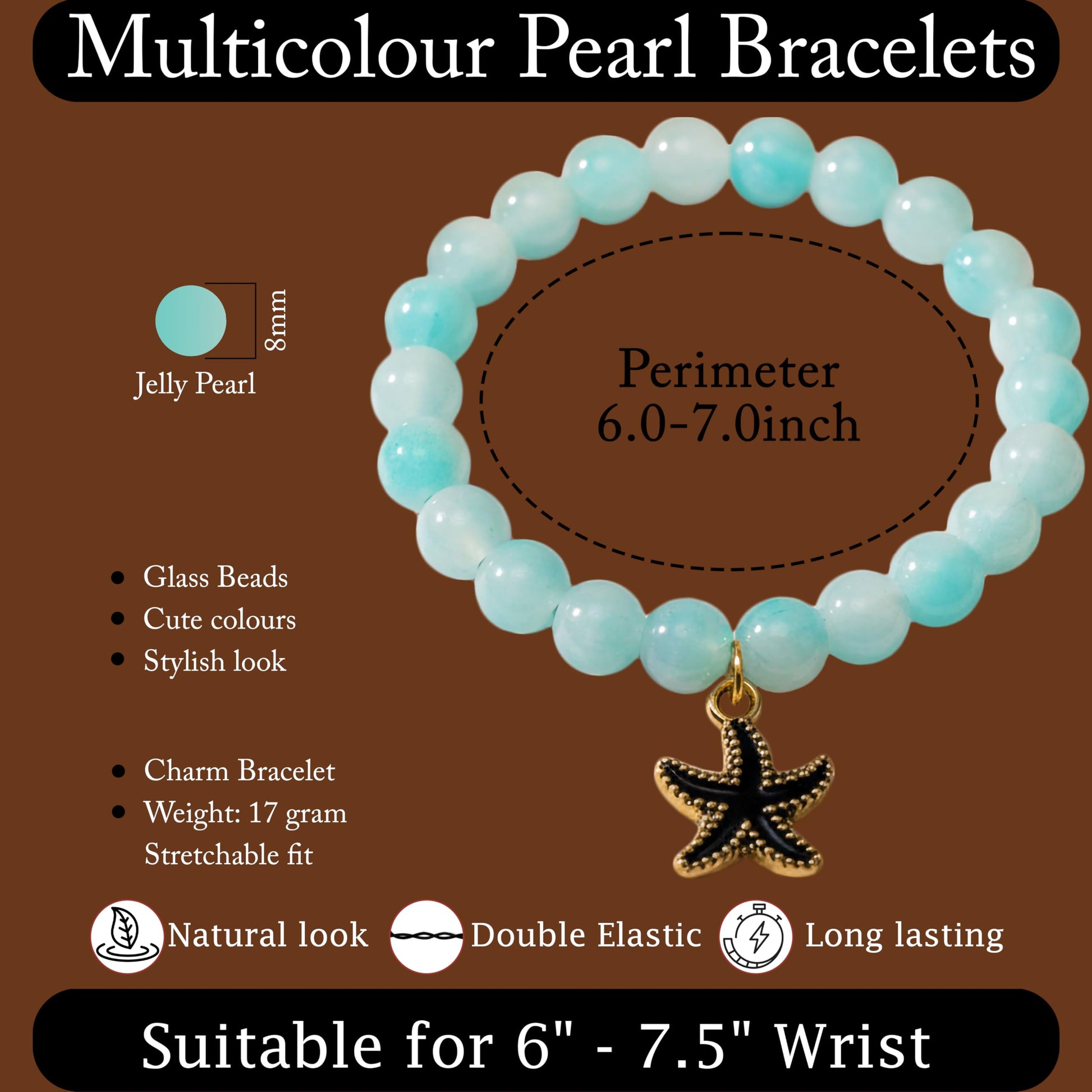 Gift a fun handmade-style bracelet with sky blue beads, charms and easy elastic wear.