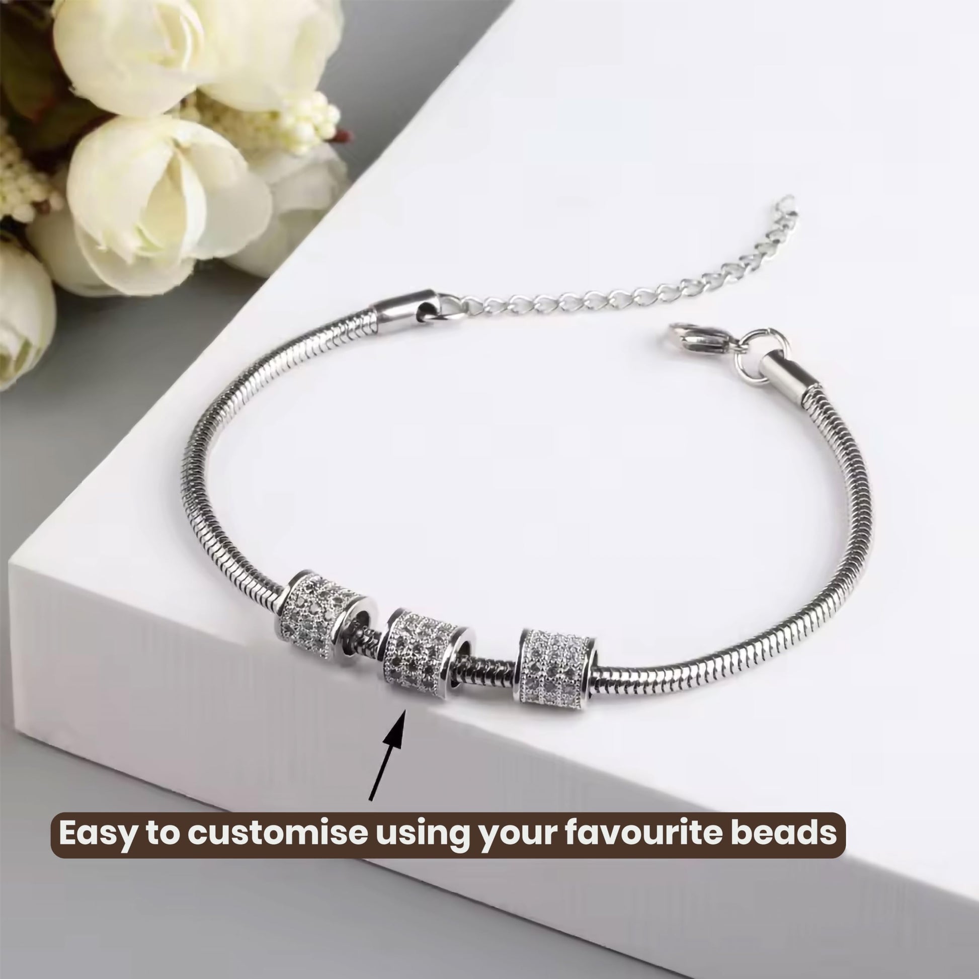 Silver Steel Snake Bracelet Making Cord Chain for Women and Girls Stainless Steel. Detailed image showing bracelet styling and craftsmanship.