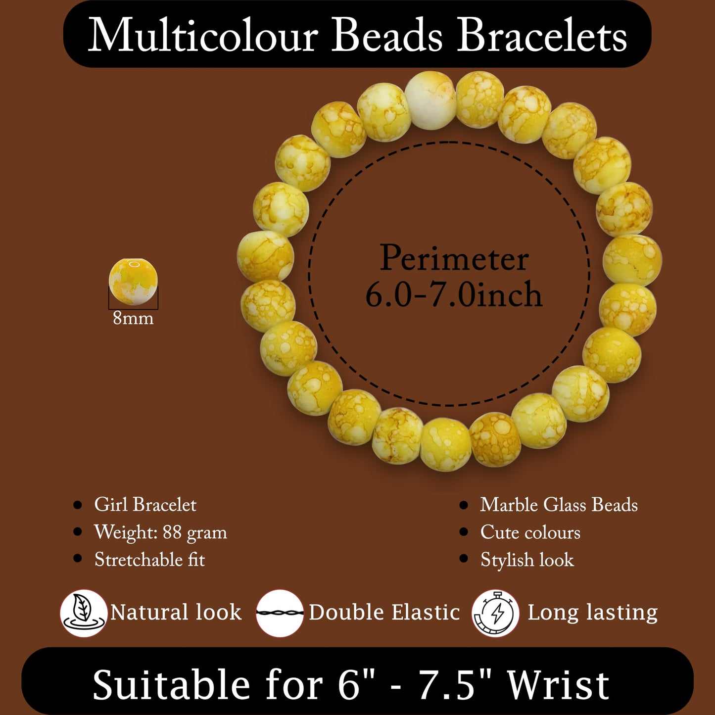 Gift a cheerful handmade accessory with a yellow marble beaded bracelet for casual outfits.
