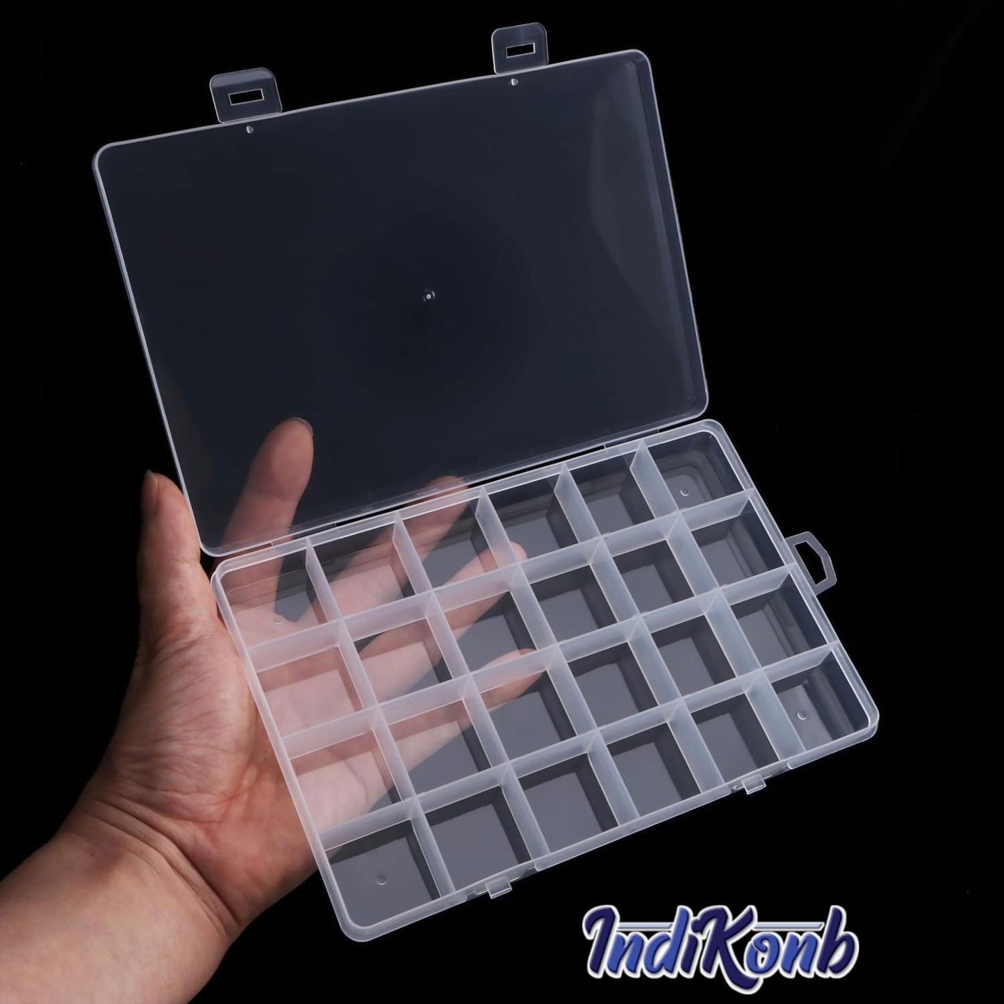 1724 Cells Transparent Plastic Organizer Box with Compartments. Packaging and contents image showing the full item set.