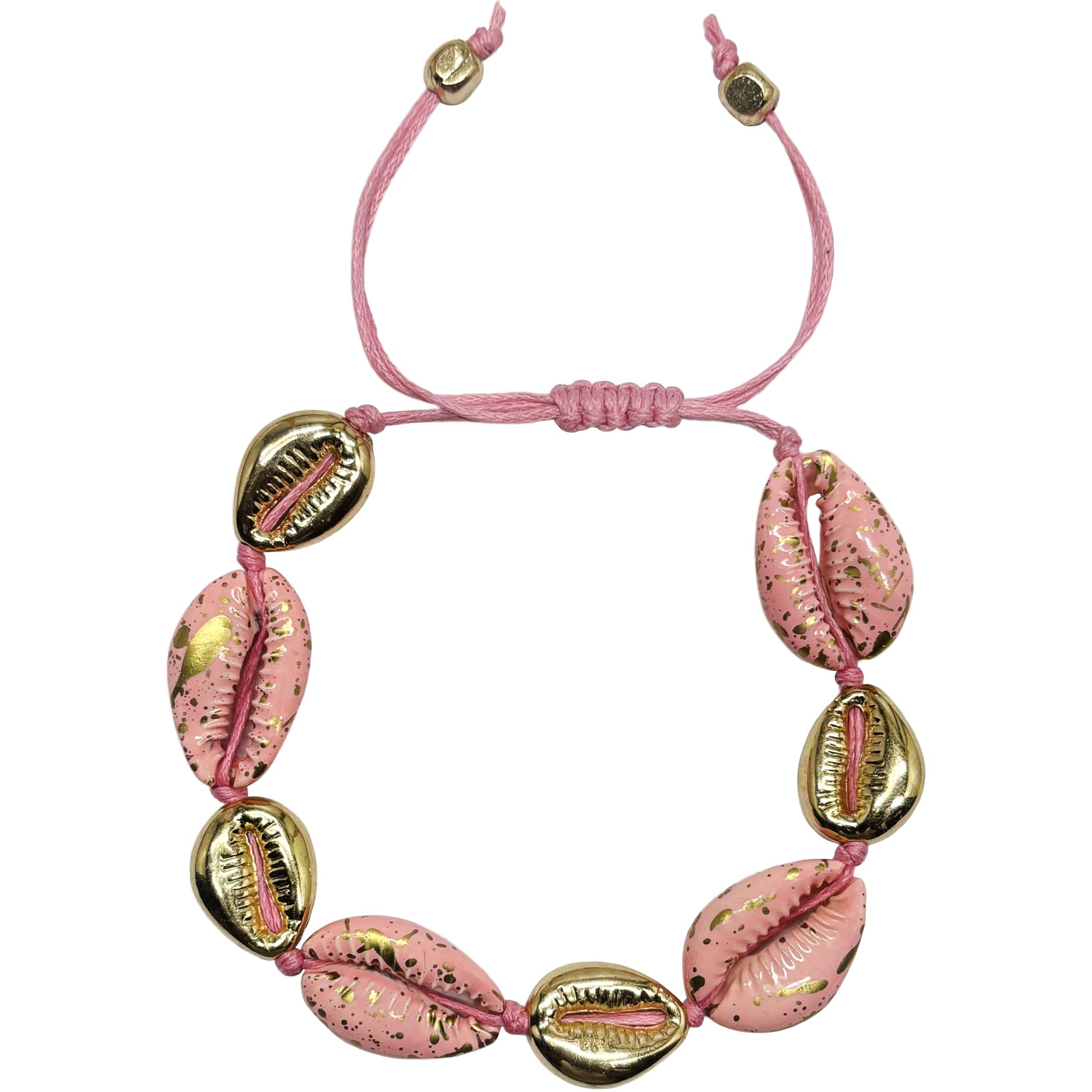 Pink shell bracelet with gold cowrie charms and thread cord