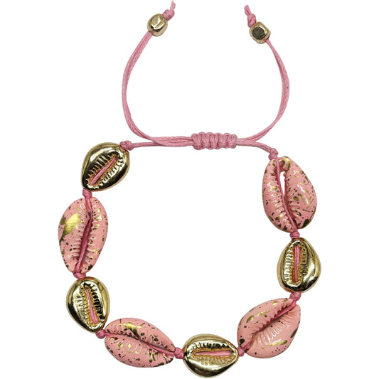 Pink shell bracelet with gold cowrie charms and thread cord