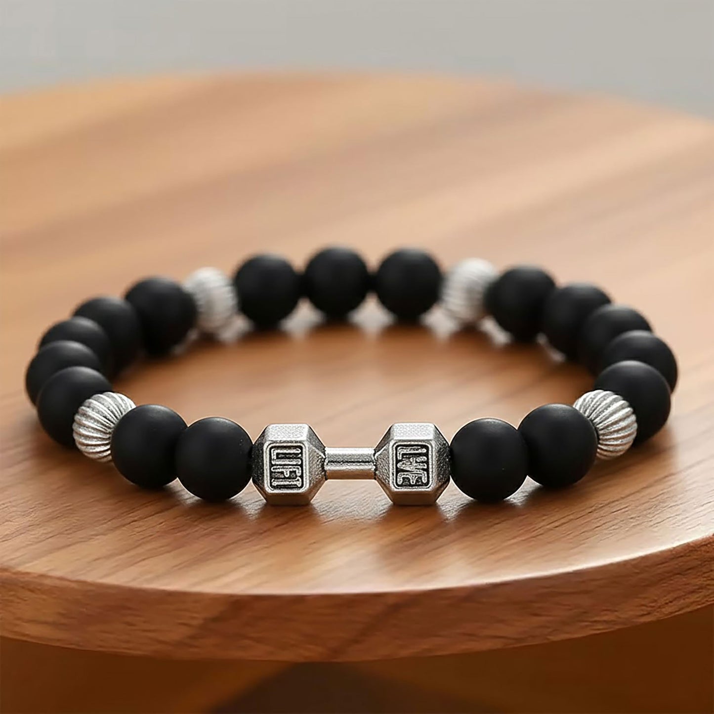 Black Gym Bracelet for Men with Silver Accents, Dumbbell Black and Silver image 4
