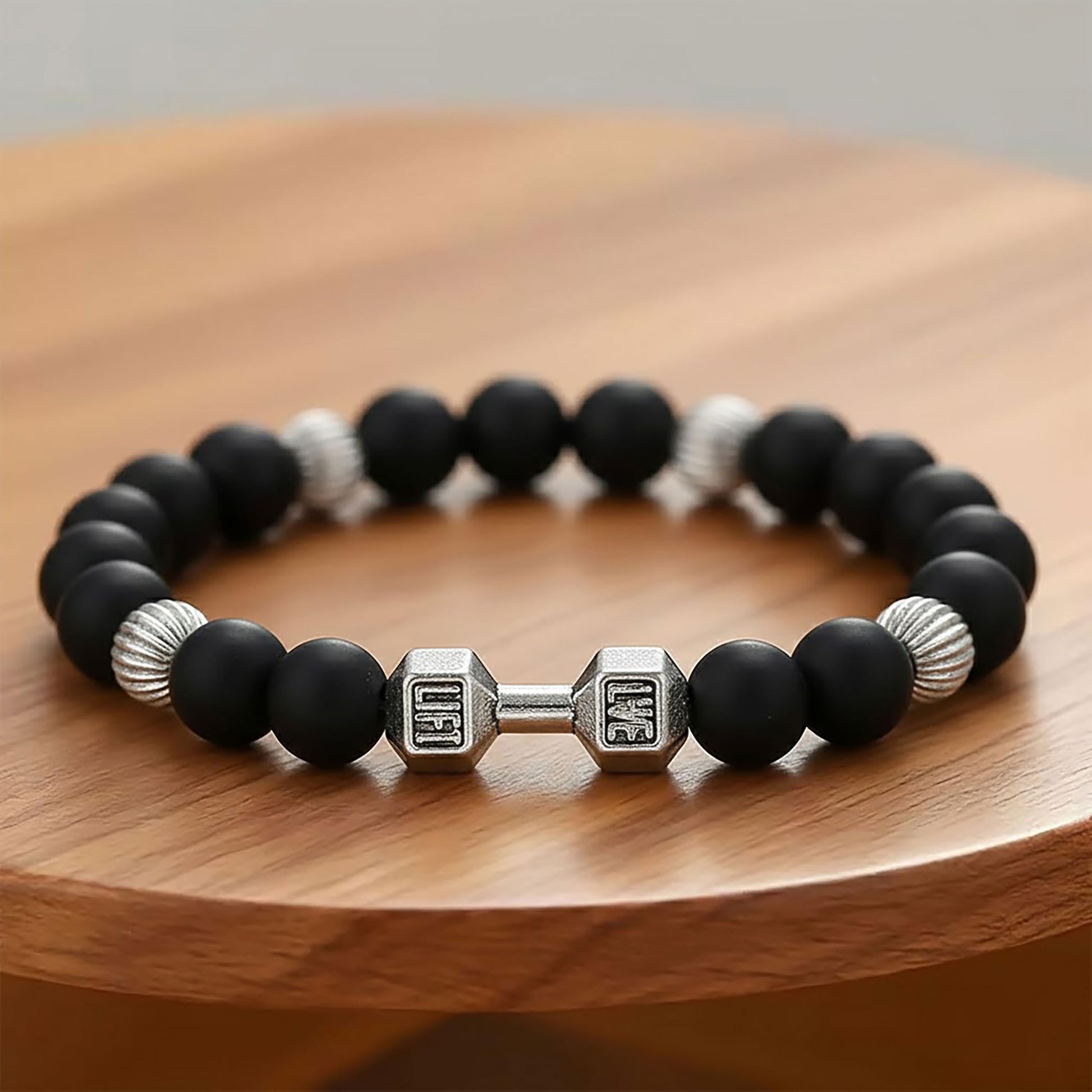 Black Gym Bracelet for Men with Silver Accents, Dumbbell Black and Silver image 4