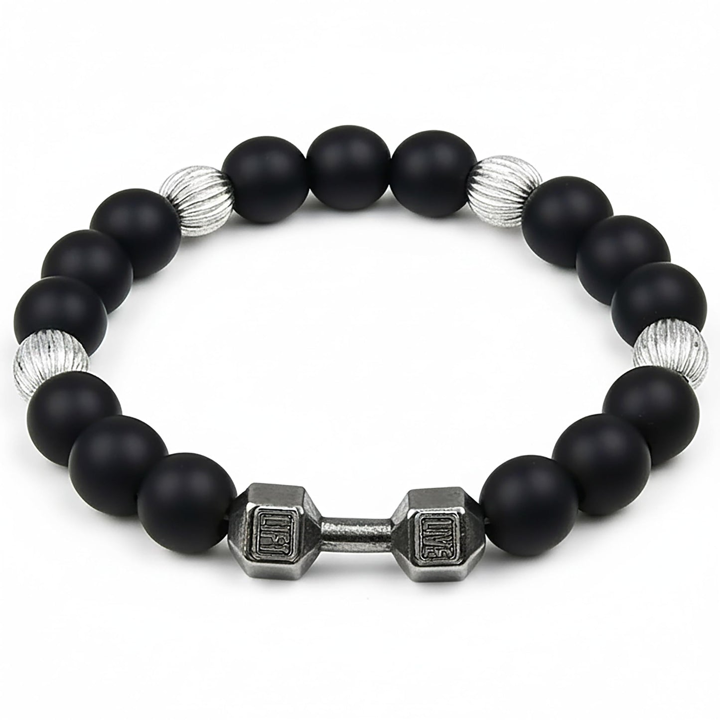 Black Gym Bracelet for Men with Silver Accents, Dumbbell Black and Silver product image
