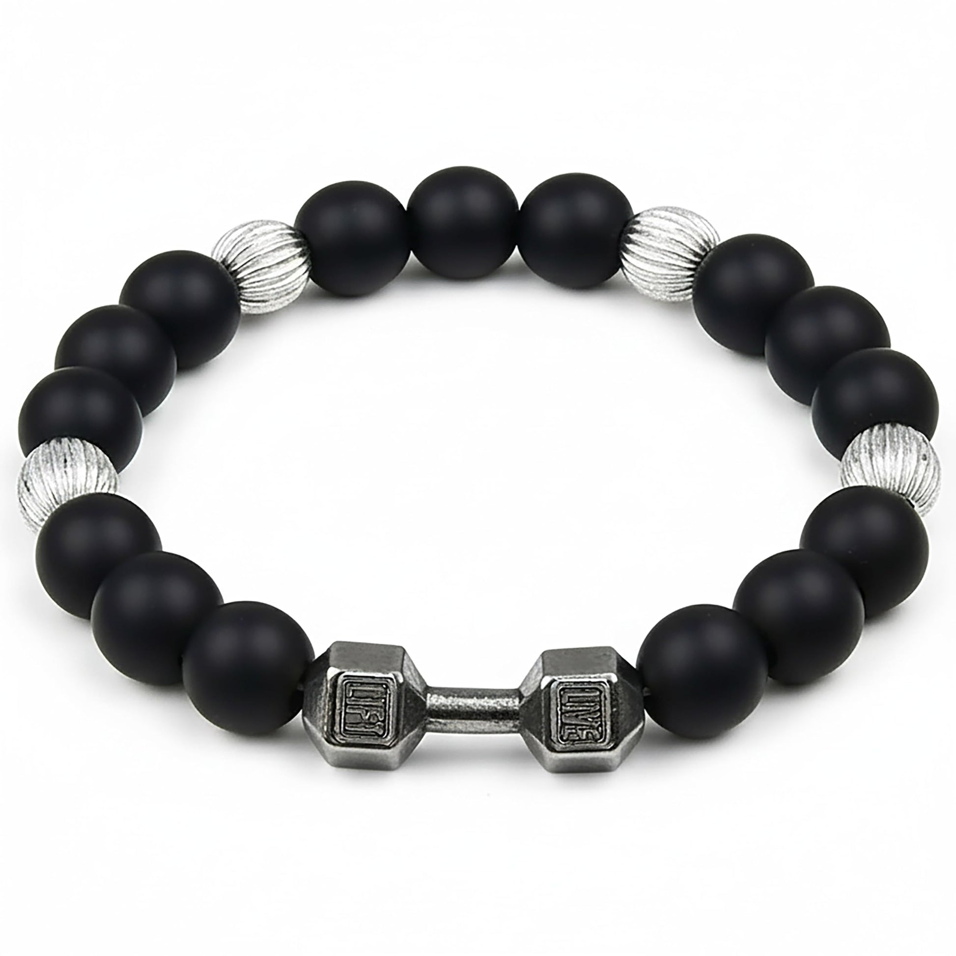 Black Gym Bracelet for Men with Silver Accents, Dumbbell Black and Silver product image