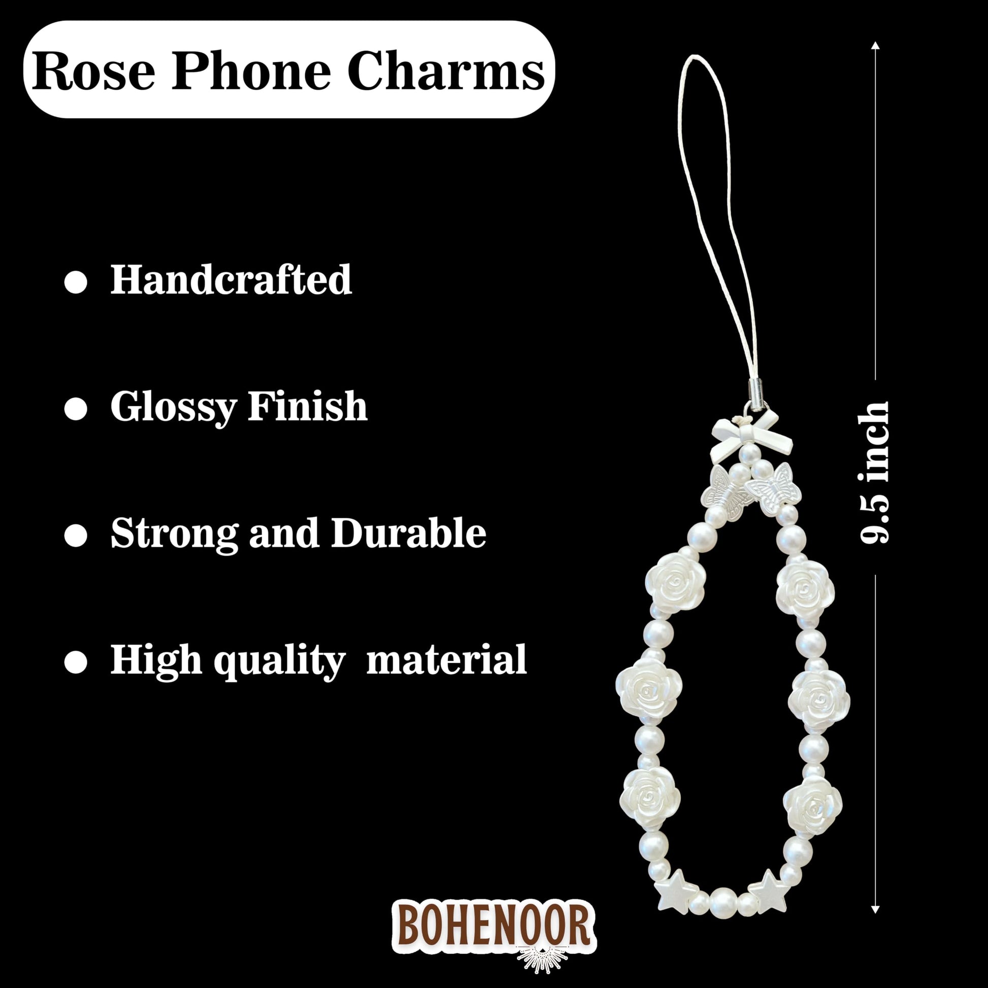 White Cell Phone Mobile Strap with Crystal Beads. Additional close-up image highlighting material texture and color variety.