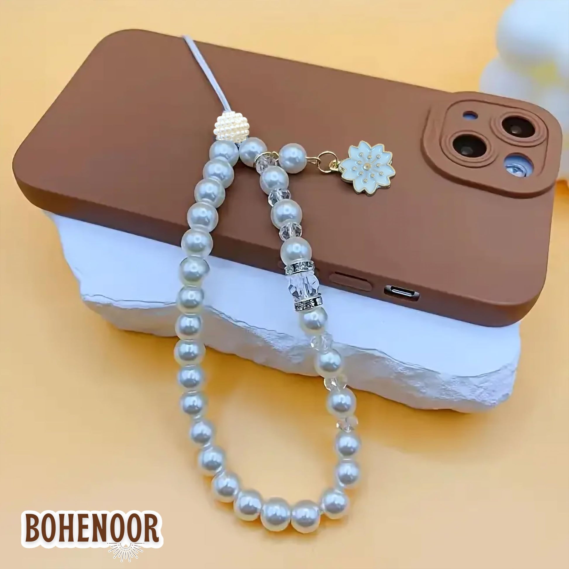 White Cell Phone Mobile Strap with Crystal Beads. Additional close-up image highlighting material texture and color variety.