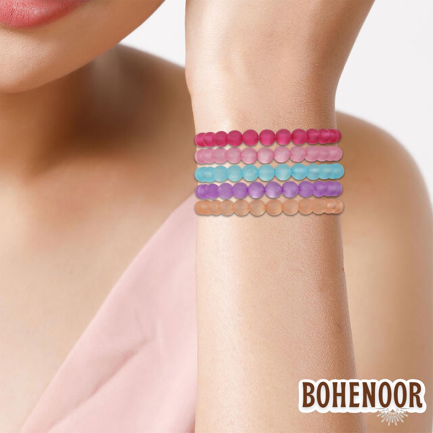 Multicolour and pastel glass and elastic bracelet keeps party wear and gifting visually clean while adding polished handmade look to handmade projects with pastel detail.