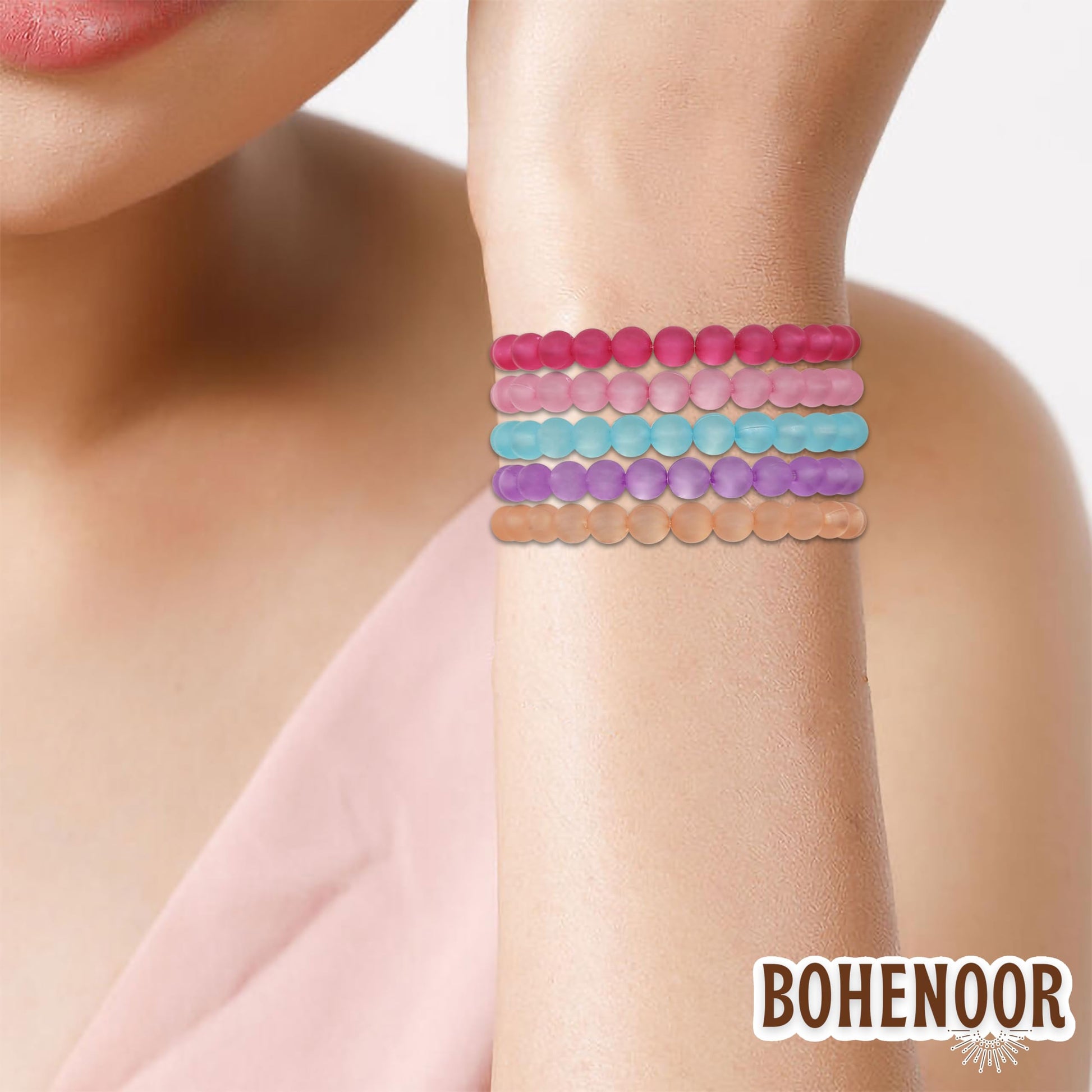 Multicolour and pastel glass and elastic bracelet keeps party wear and gifting visually clean while adding polished handmade look to handmade projects with pastel detail.
