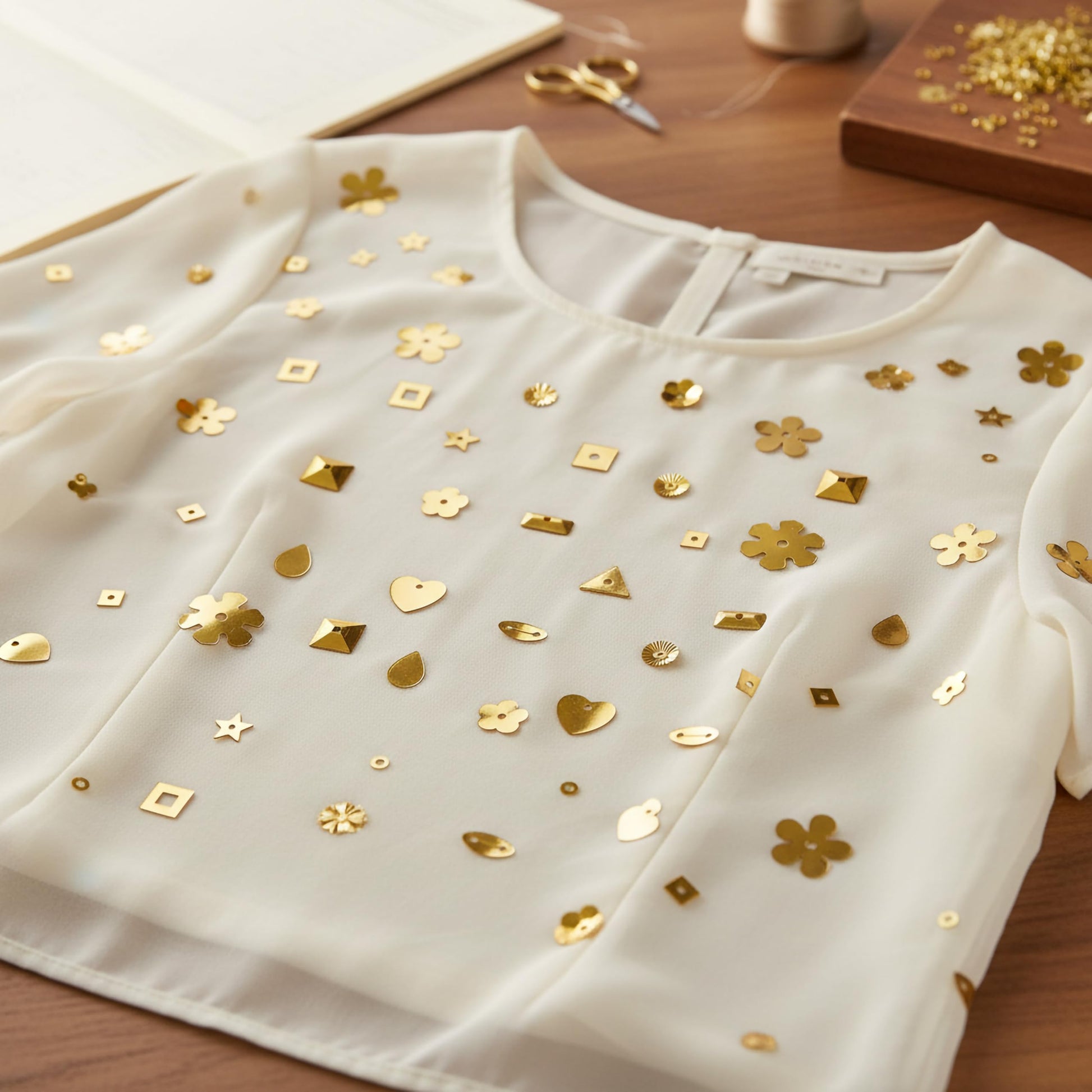 Create a neat finish in boutique craft projects and aari embroidery with metallic gold aari work sparkle pieces.