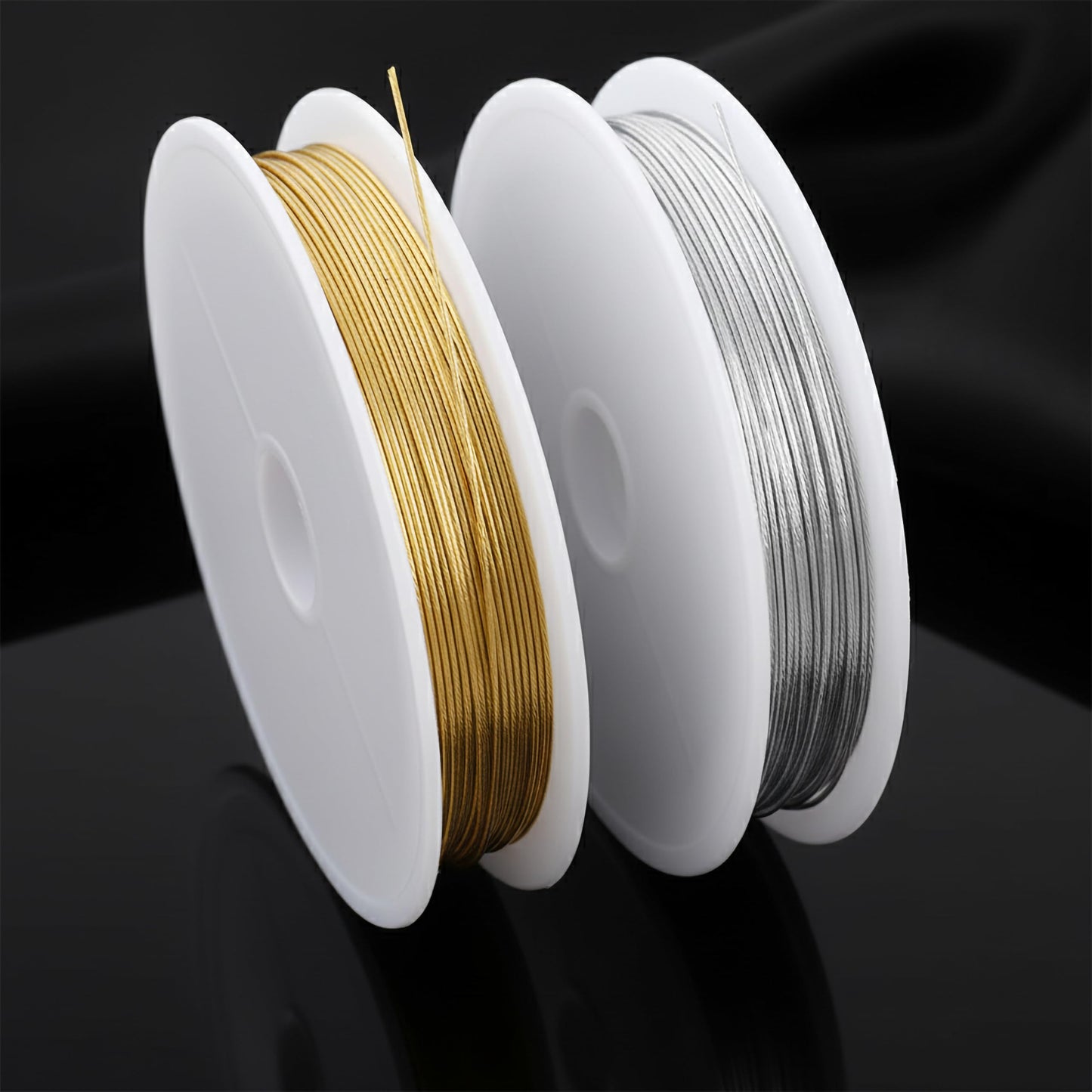 Add neat beadwork support to necklace designs and bead stringing with smooth gold and silver tiger tail wires.