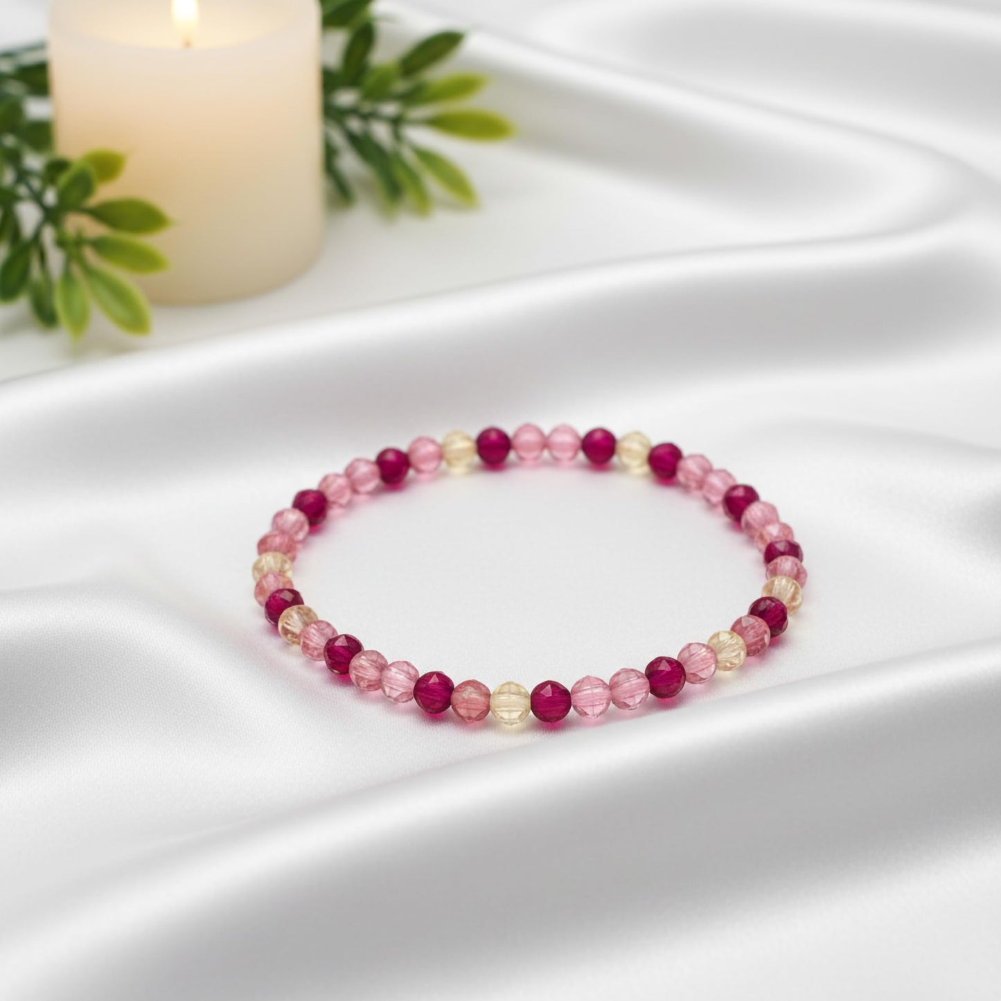 Bring a polished bead finish to casual outfits with a pink faceted bracelet set.