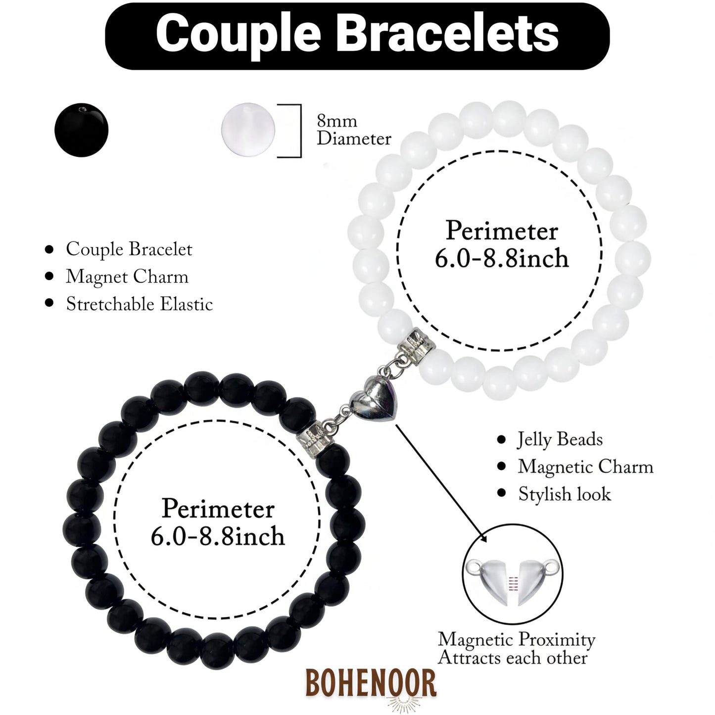 Add meaningful charm detail to everyday outfits with white and black 1-pair matching bracelet bands.