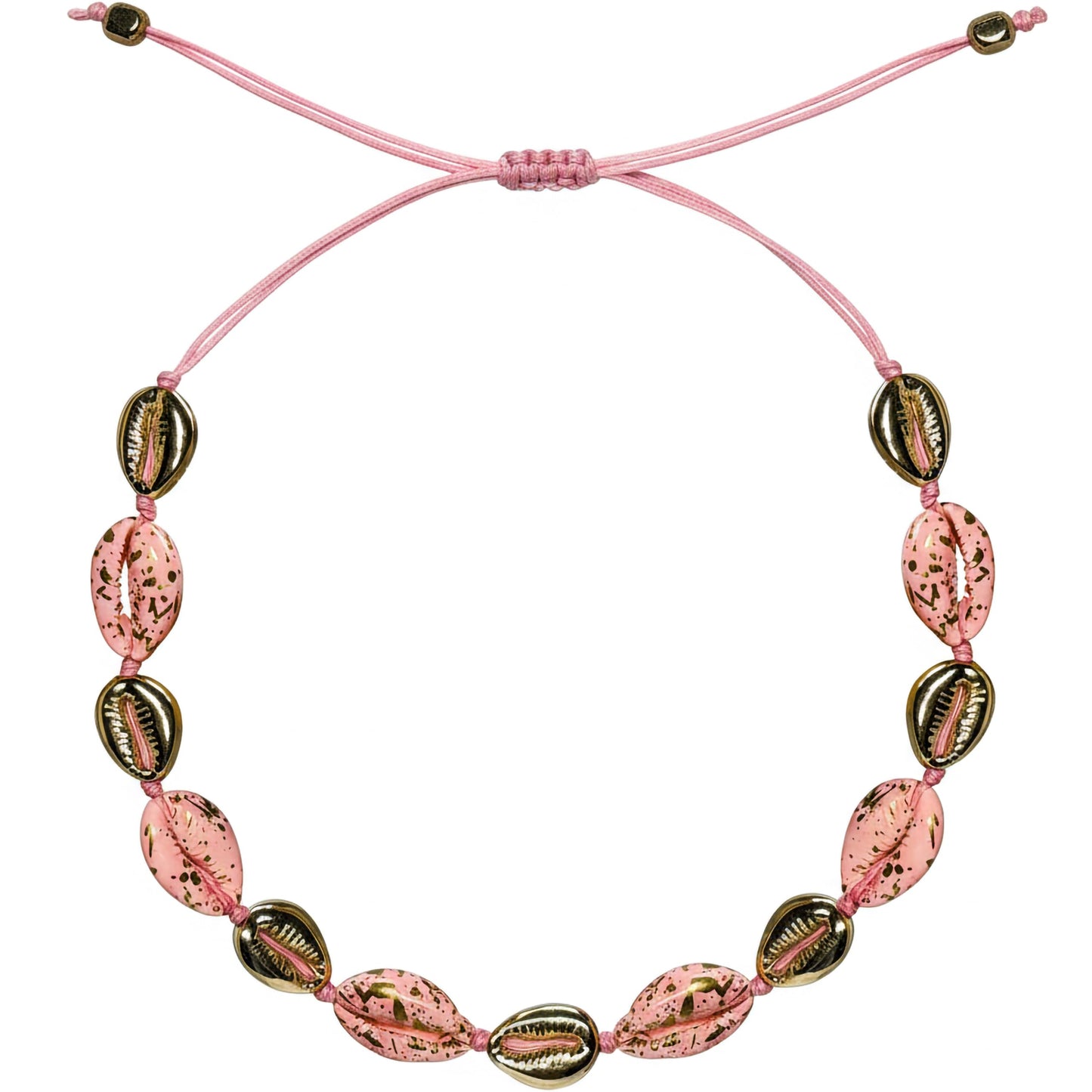 Pink shell bracelet with gold cowrie charms adjustable cord