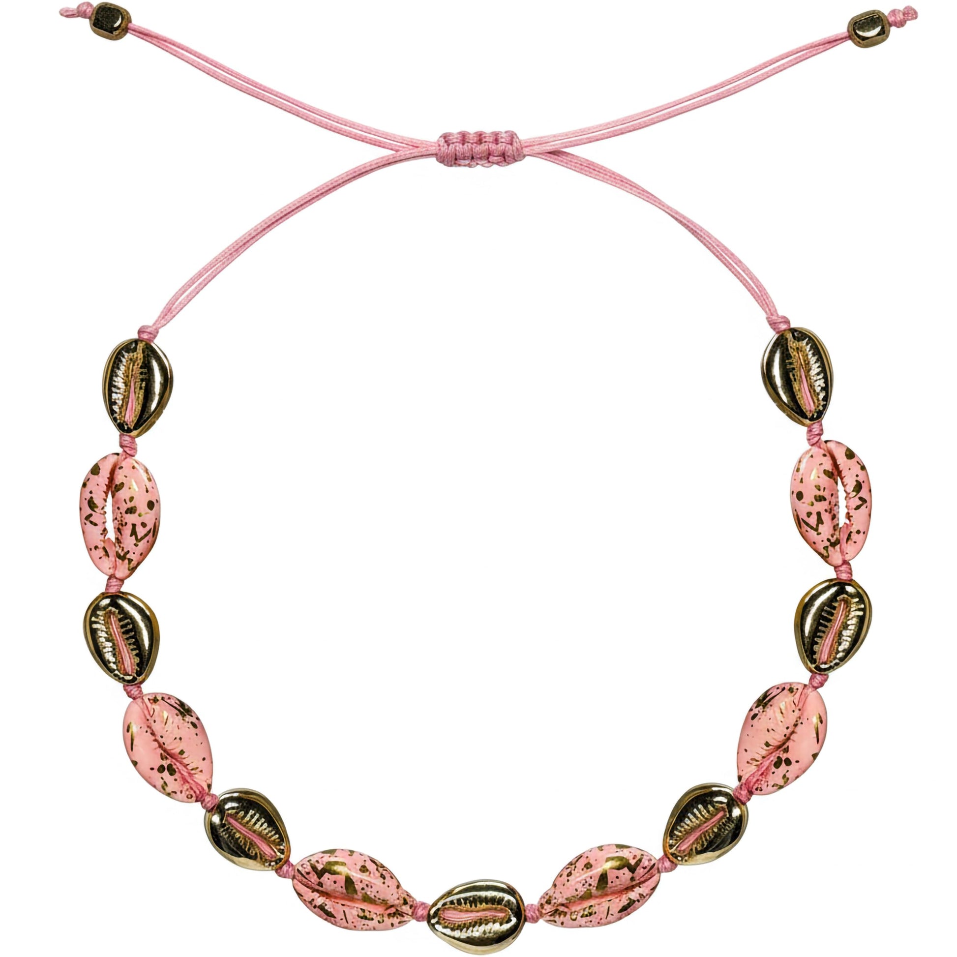 Pink shell bracelet with gold cowrie charms adjustable cord