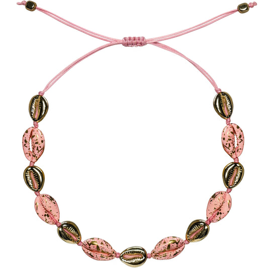 Pink shell bracelet with gold cowrie charms adjustable cord