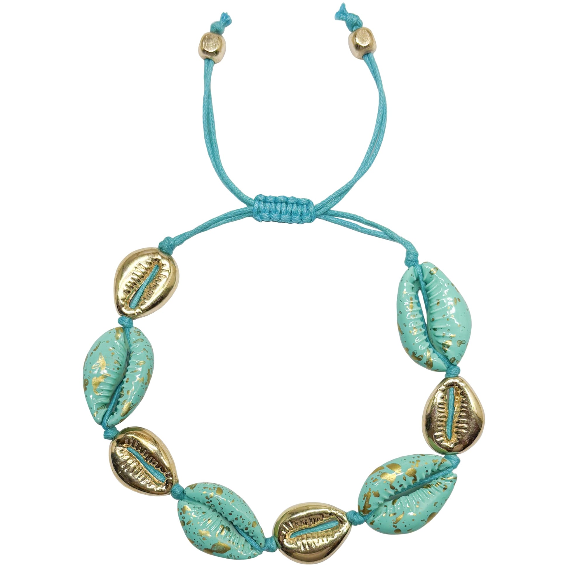 Turquoise shell bracelet with gold cowrie charms and cord