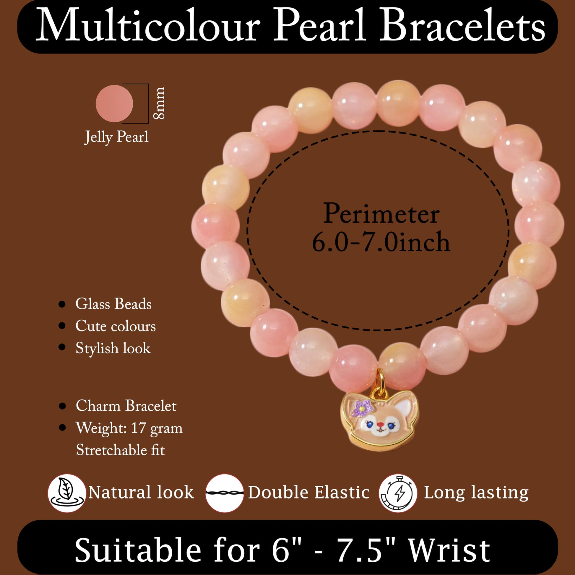 Gift a fun handmade-style bracelet with peach beads, charms and easy elastic wear.