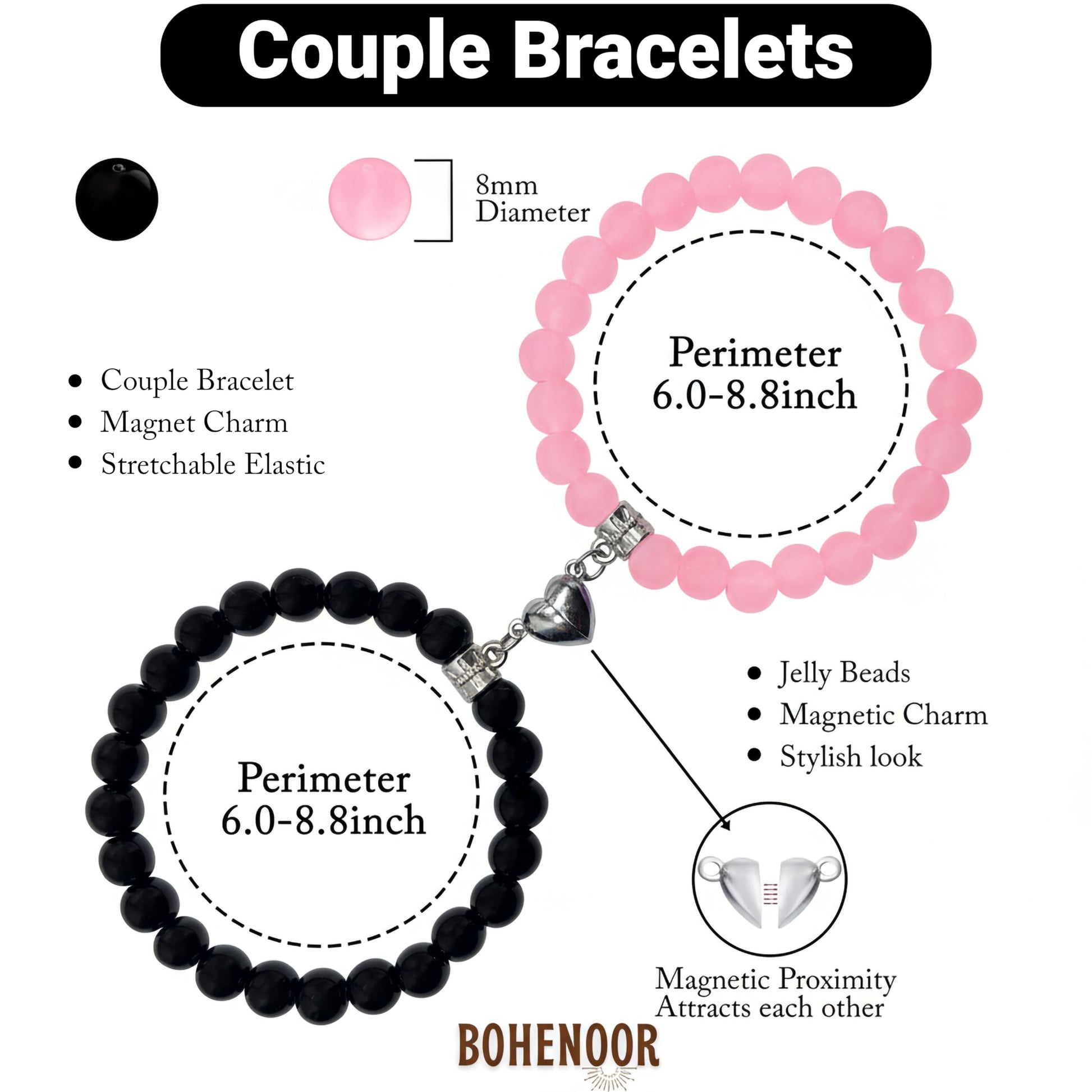 Gift a simple bonding accessory with black and pink 1-pair magnetic bracelets for shared wristwear.