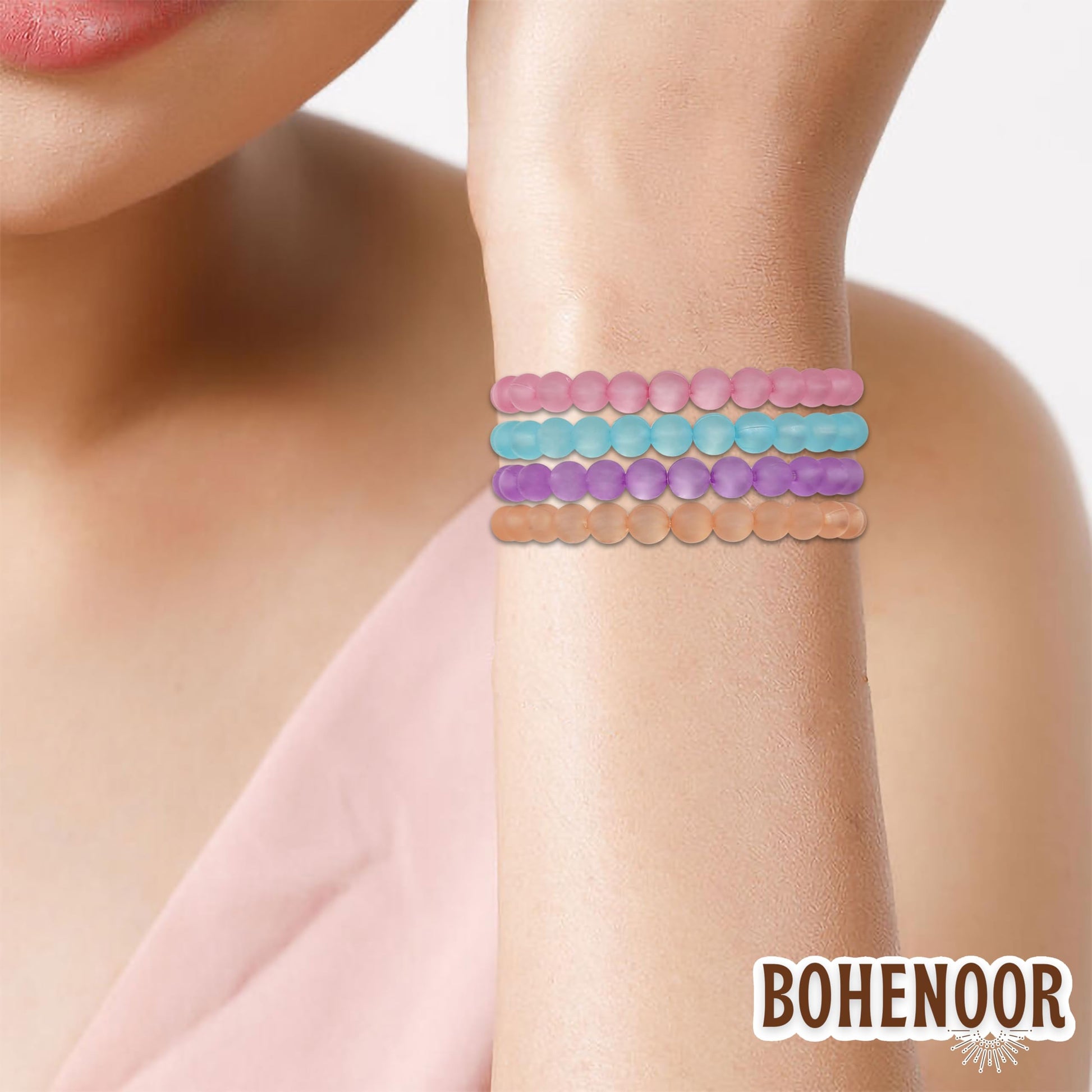 Multicolour and pastel glass and elastic bracelet adds useful detail to party wear and gifting.