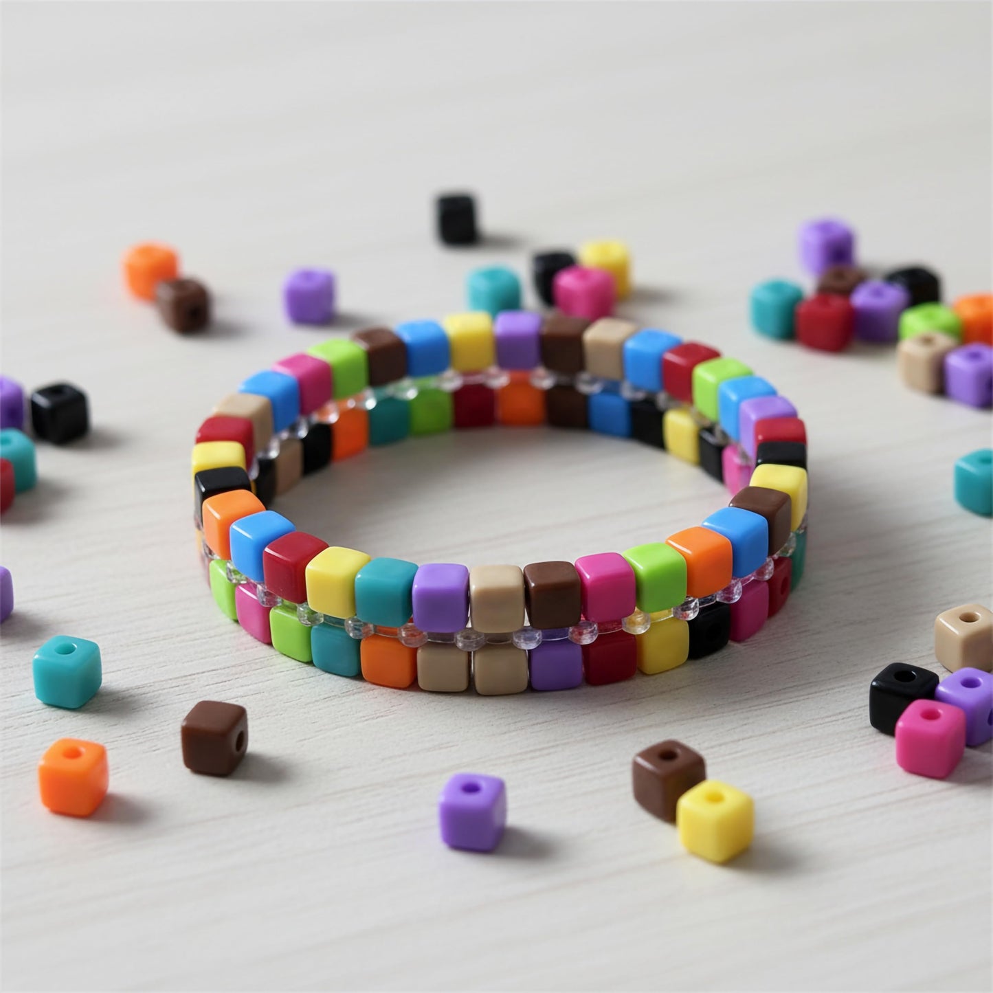 Create clean block-style accents for DIY bracelets using multicolor cube beads.