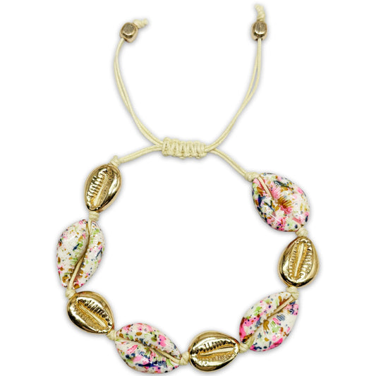 Adjustable shell bracelet with gold and multicolor cowrie charms