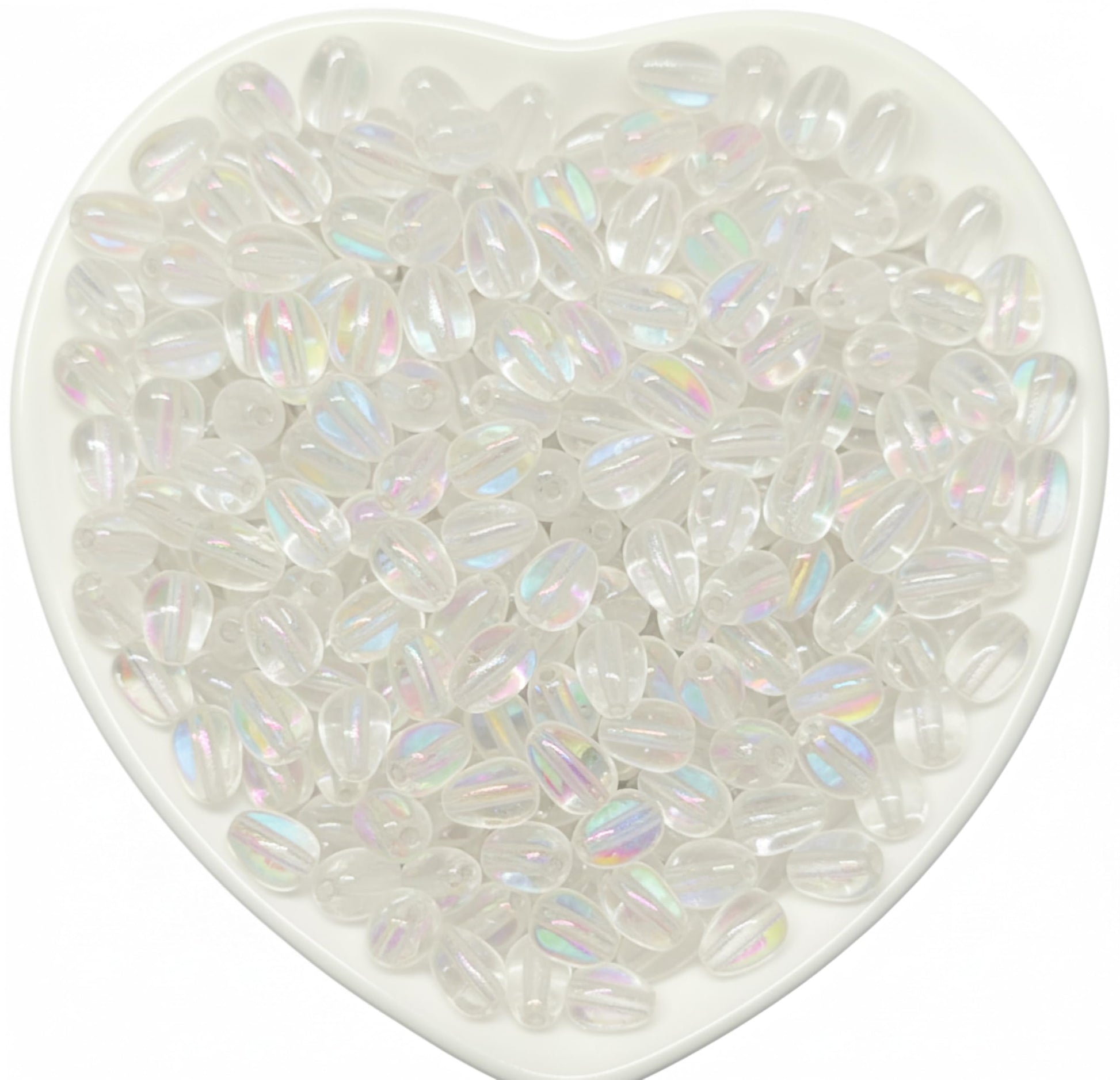 Add eye-catching detail to earring drops and latkan designs using 8x5mm rainbow shine glossy transparent bead drops.