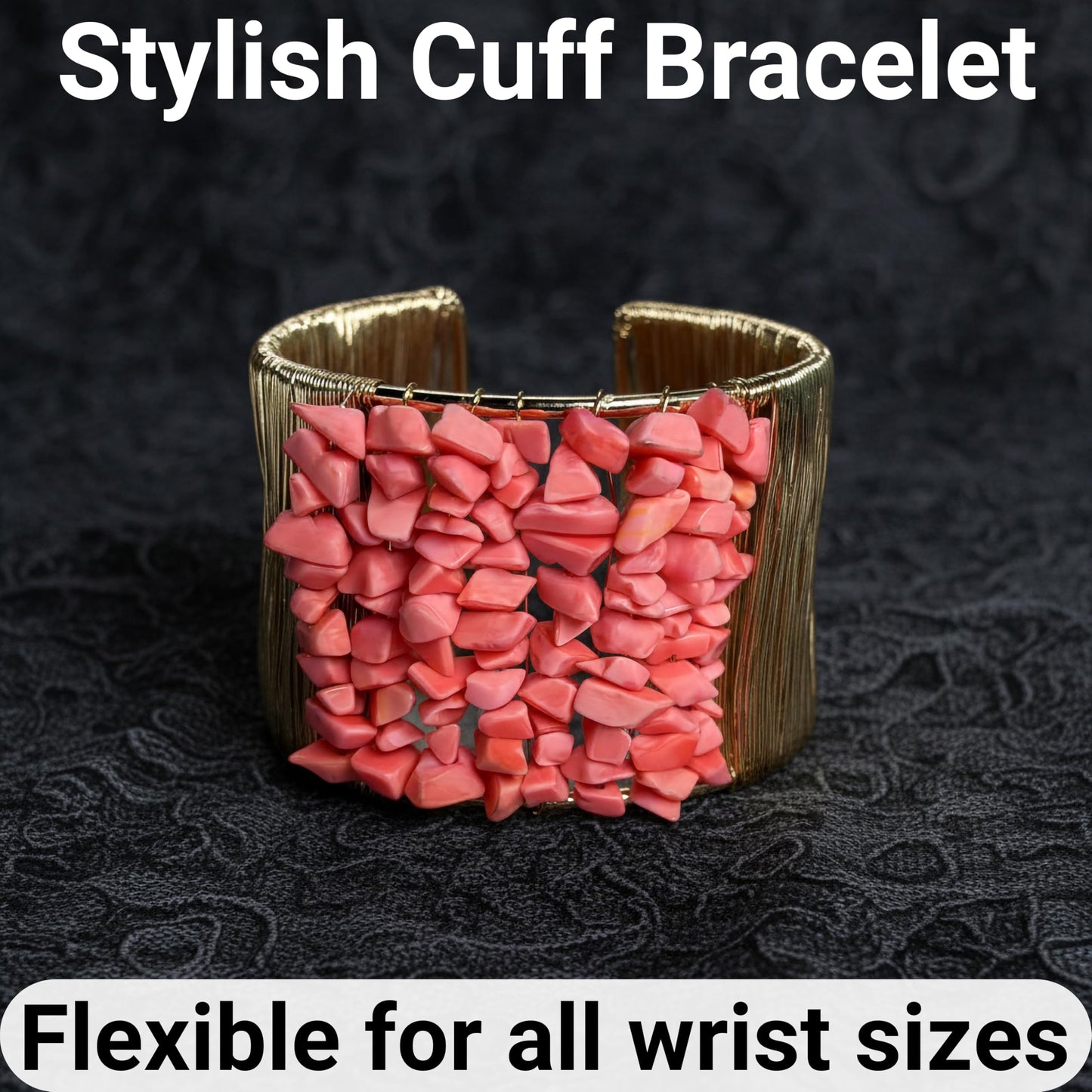 Style a statement bracelet look with pink gemstone chips and sculpted gold-tone wire.