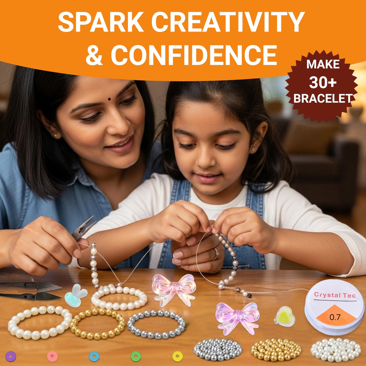 Multicolor Bracelet Making Kit for Girls Age 5-8 Years Old with Beads Acrylic. Packaging and contents image showing the full set for craft use.