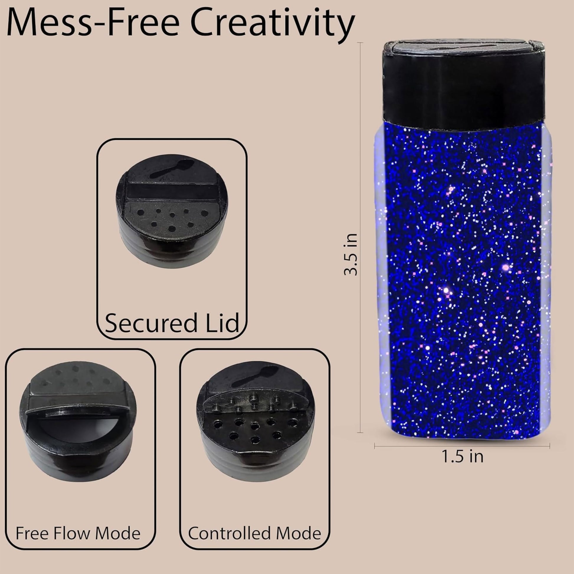Dark Blue Sparkle Fine Glitter Dust Powder with Sprinkler Bottle. Close-up image showing product details and finish.