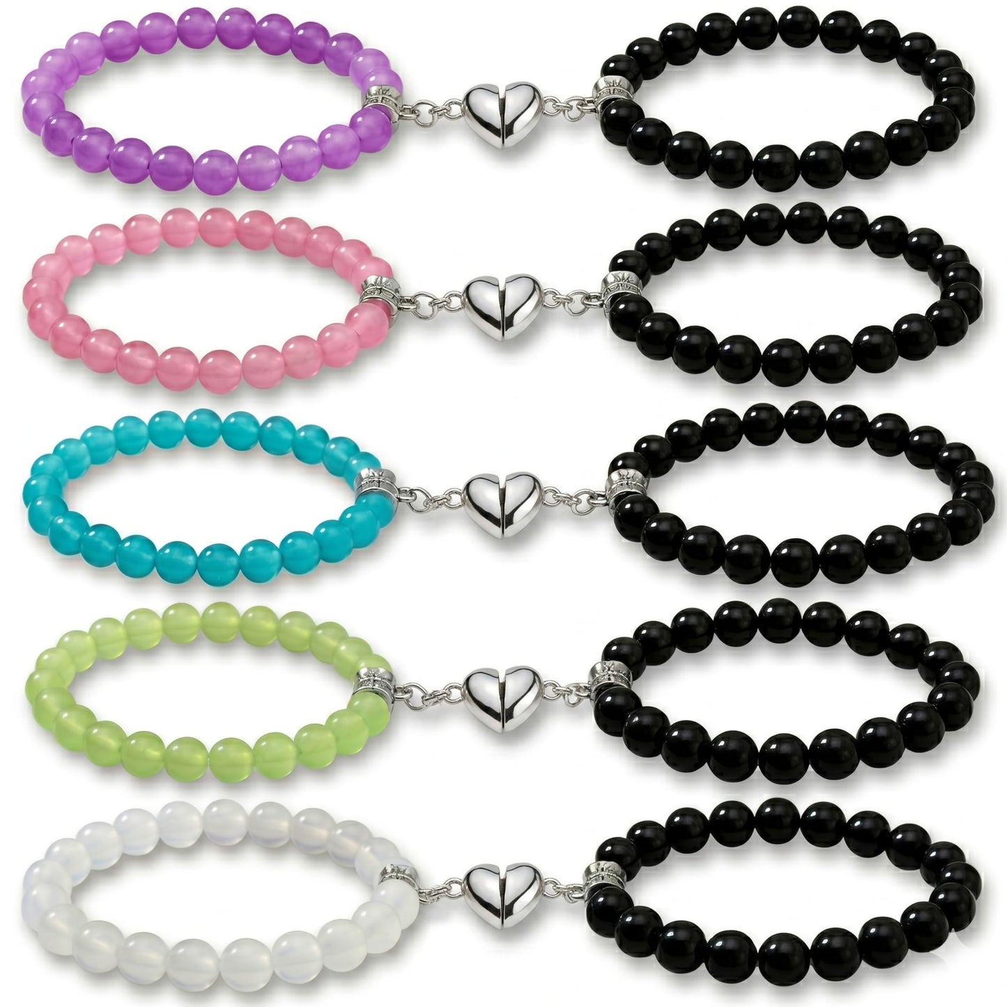 Celebrate couple style with 5-pair magnetic heart bracelets for partners and best friends.