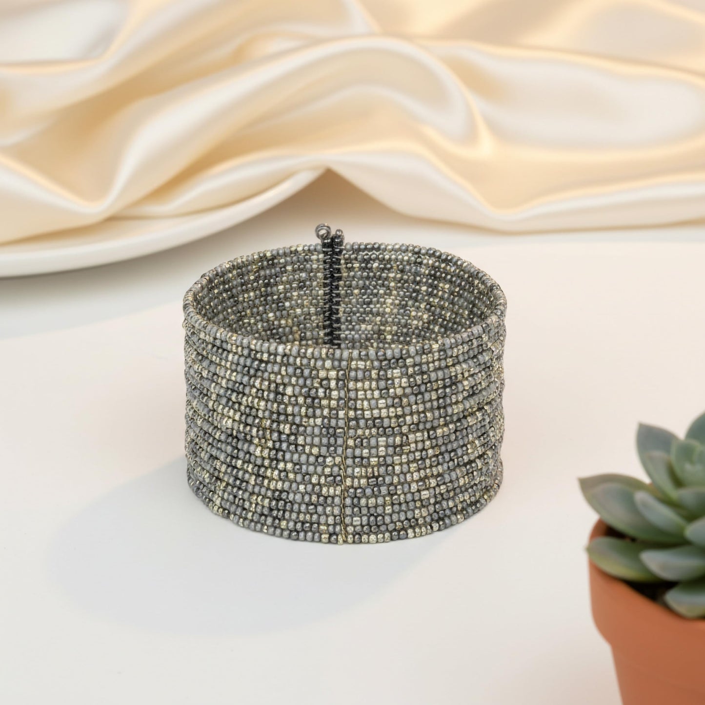 Wide silver seed bead bracelet layered stackable design