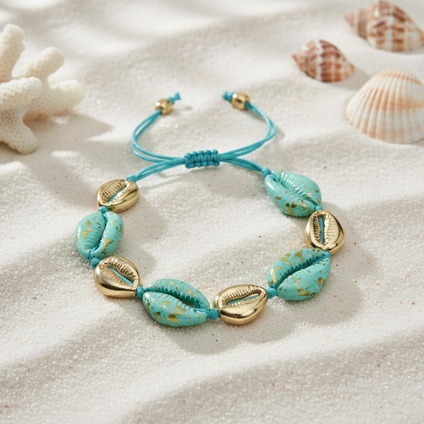 Trendy blue shell bracelet with gold plated cowrie beads