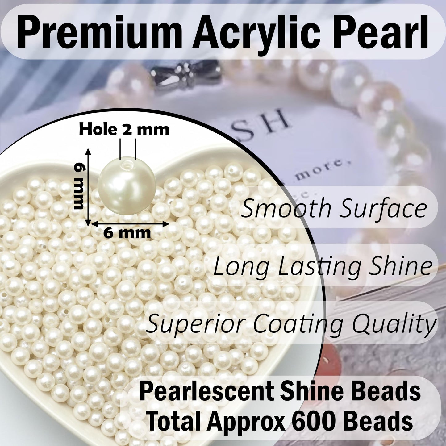 6mm White Pearl Beads for Jewellery Making, 6 mm Plastic White 6MM image 2