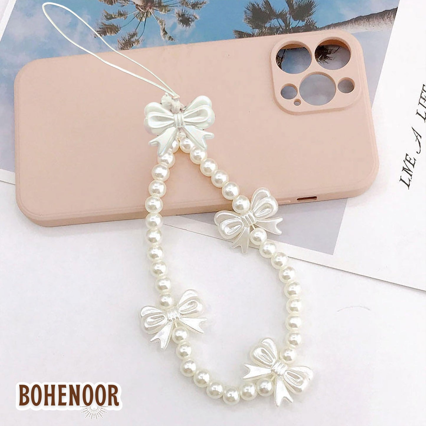 White Cell Phone Mobile Strap with Crystal Beads and Pearls. Additional close-up image highlighting material texture and color variety.