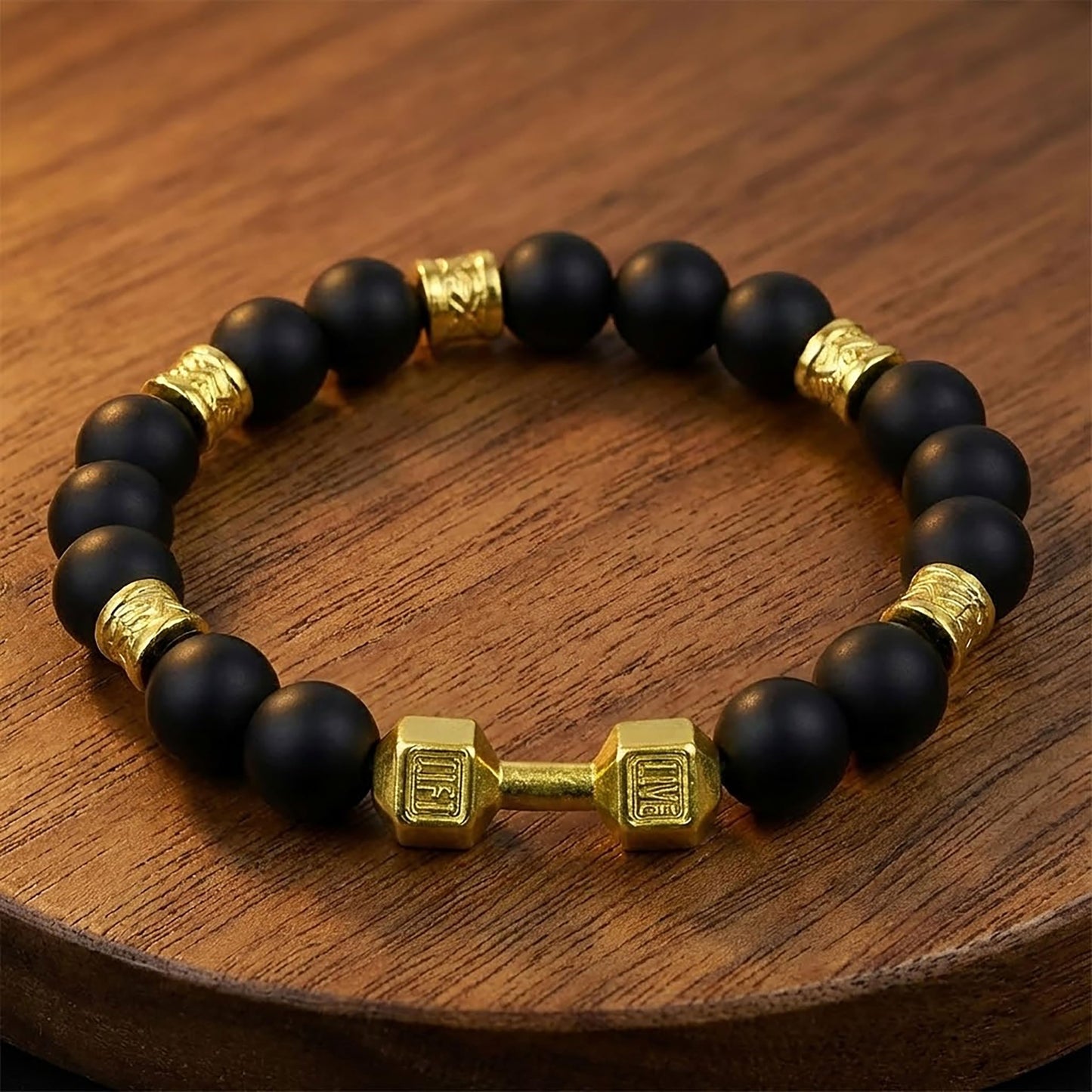 Black and Gold Dumbbell Bracelet for Men, Gold Dumbbell Black and Golden image 4
