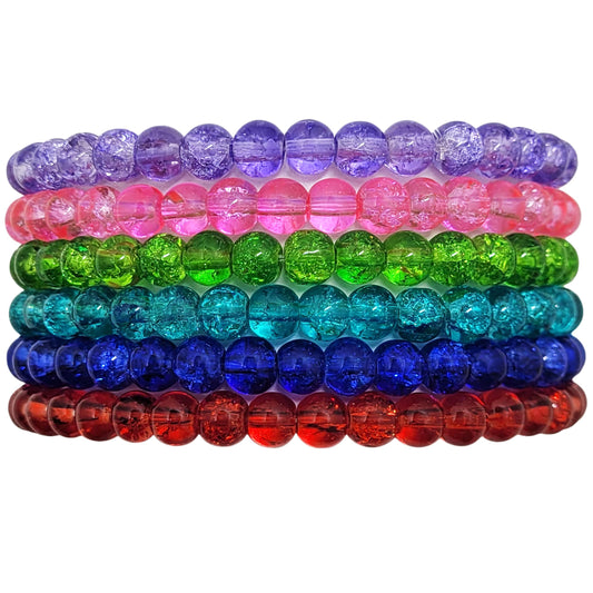 Multicolour glass and elastic bracelet supports party wear with a clean decorative finish.